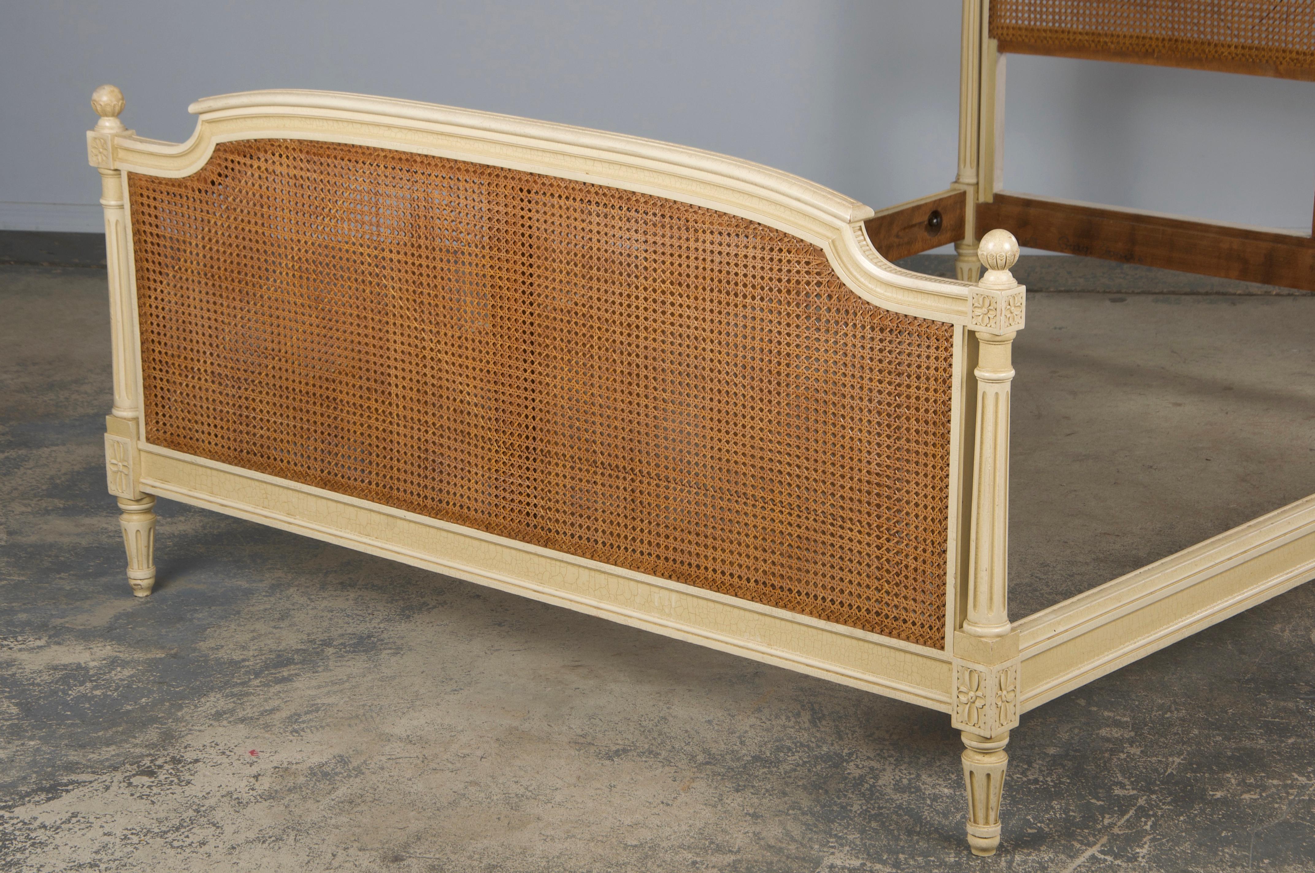Antique French Louis XVI Style Painted Fullsize Cane Bedframe 7