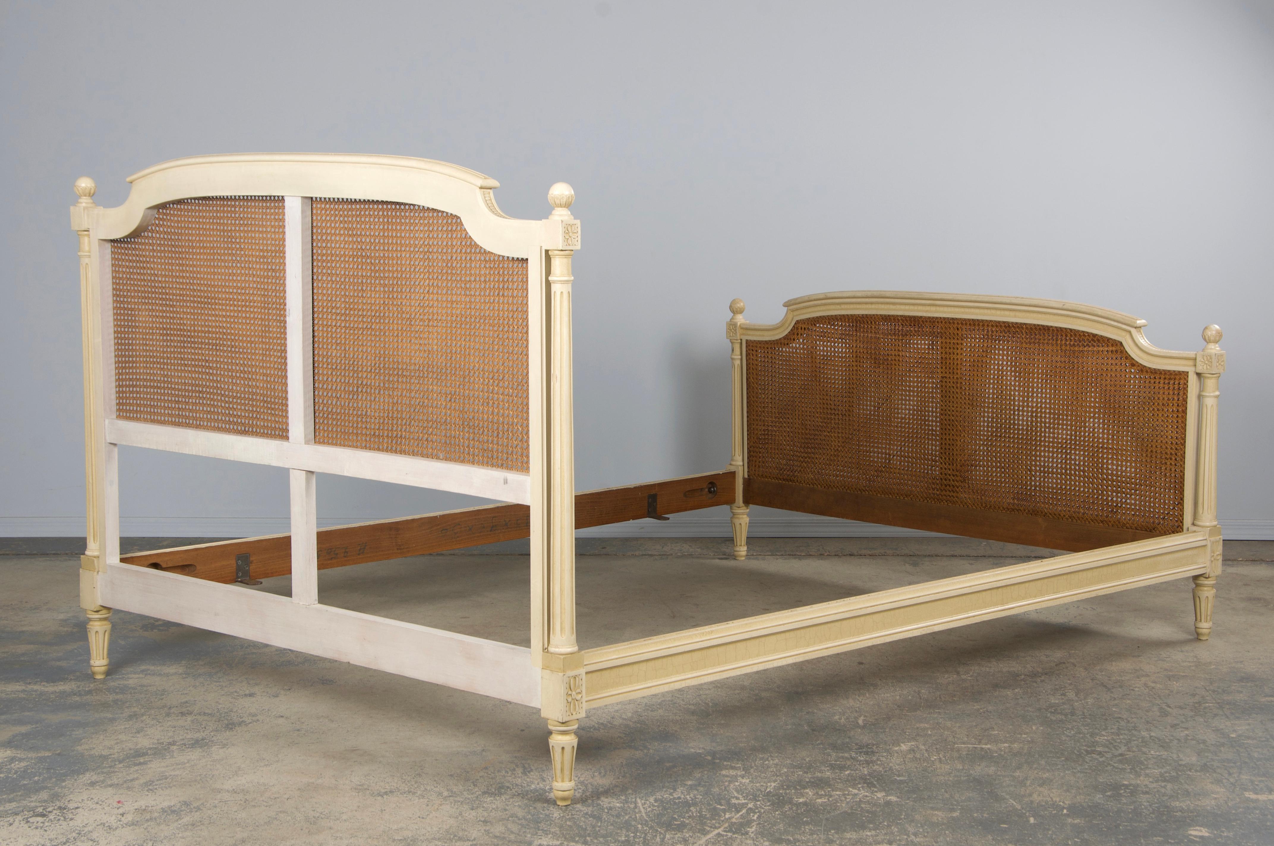 Antique French Louis XVI Style Painted Fullsize Cane Bedframe 10
