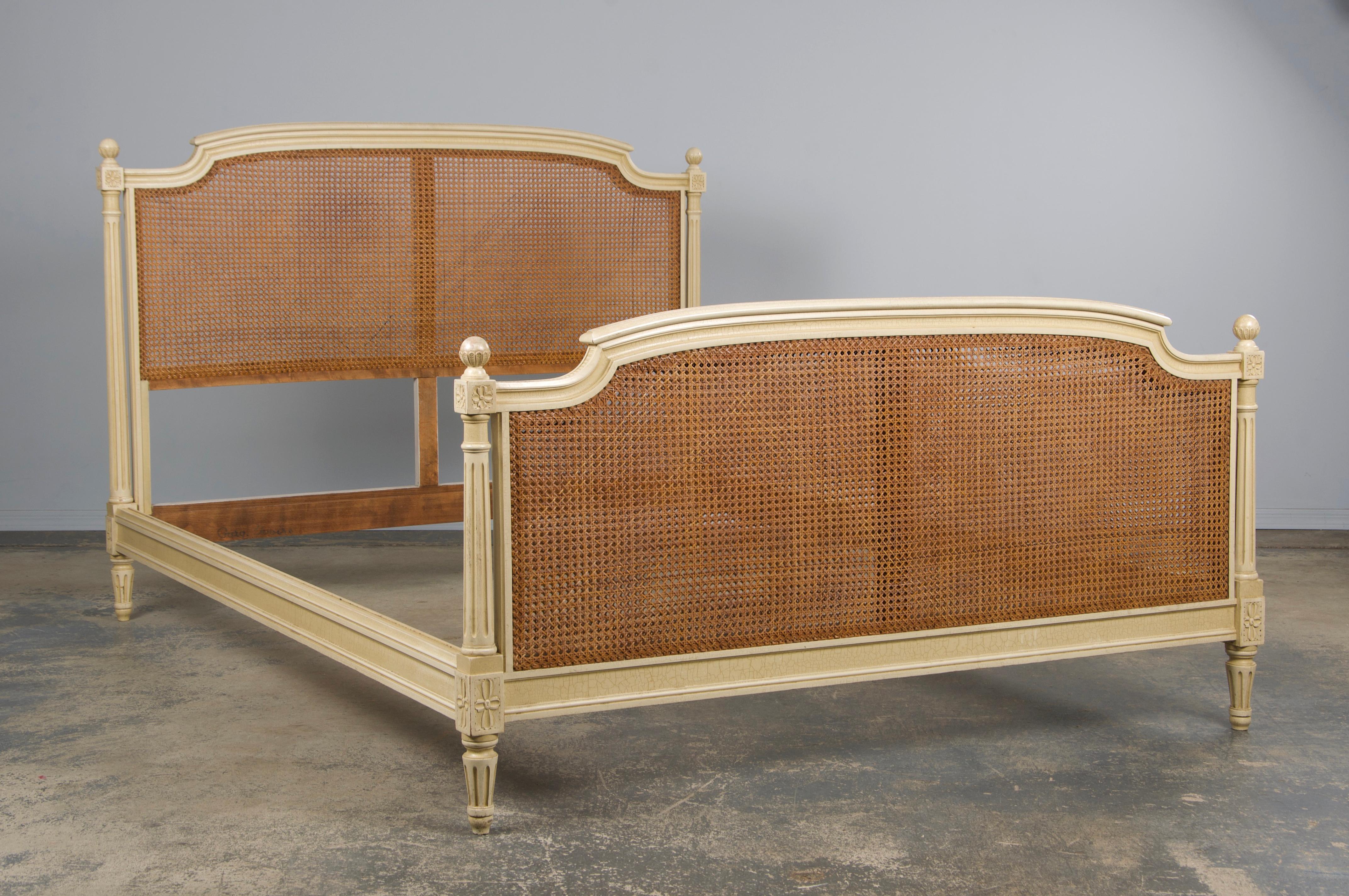 Hand-Carved Antique French Louis XVI Style Painted Fullsize Cane Bedframe