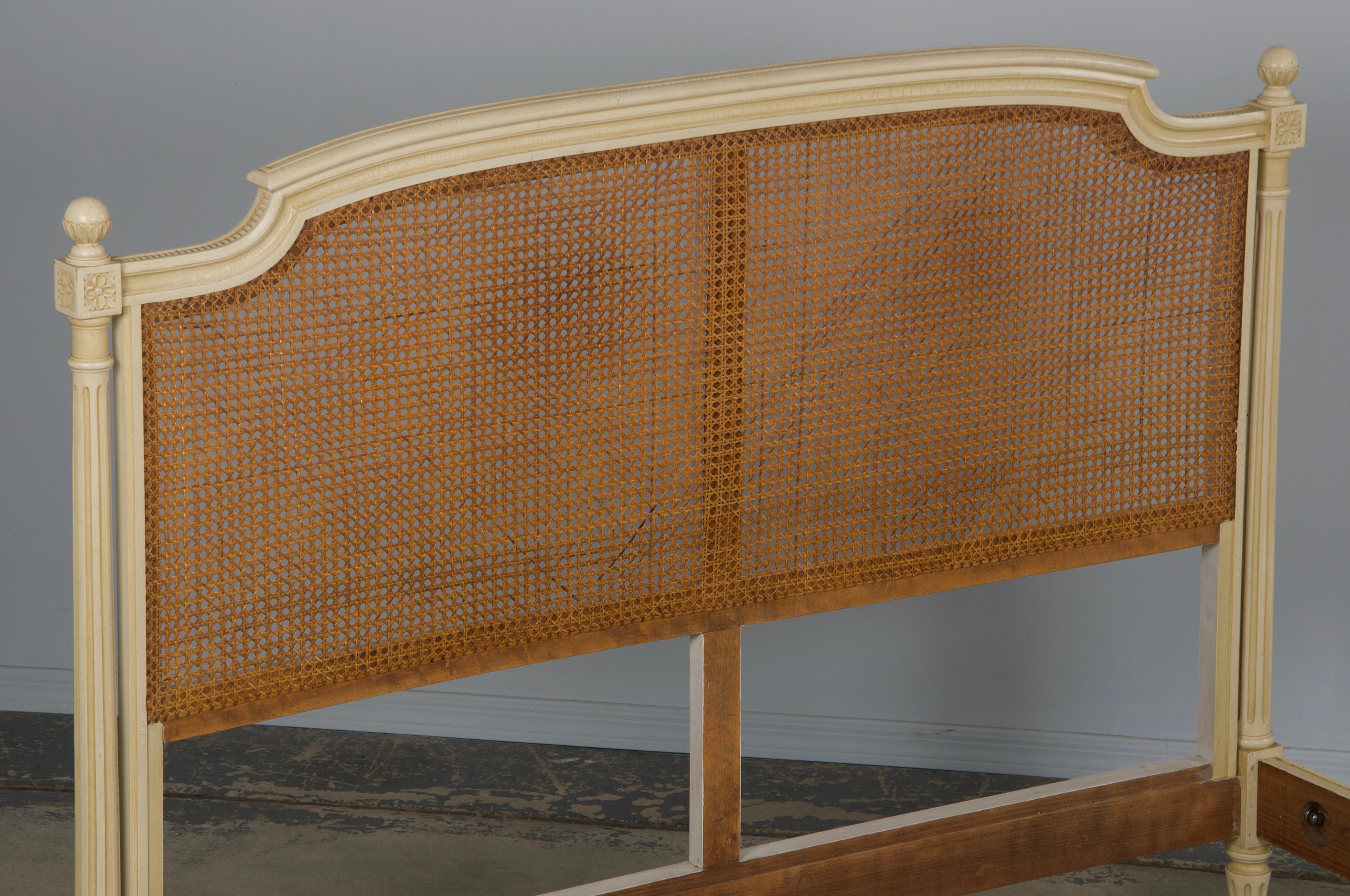 Antique French Louis XVI Style Painted Fullsize Cane Bedframe In Good Condition In Astoria, NY