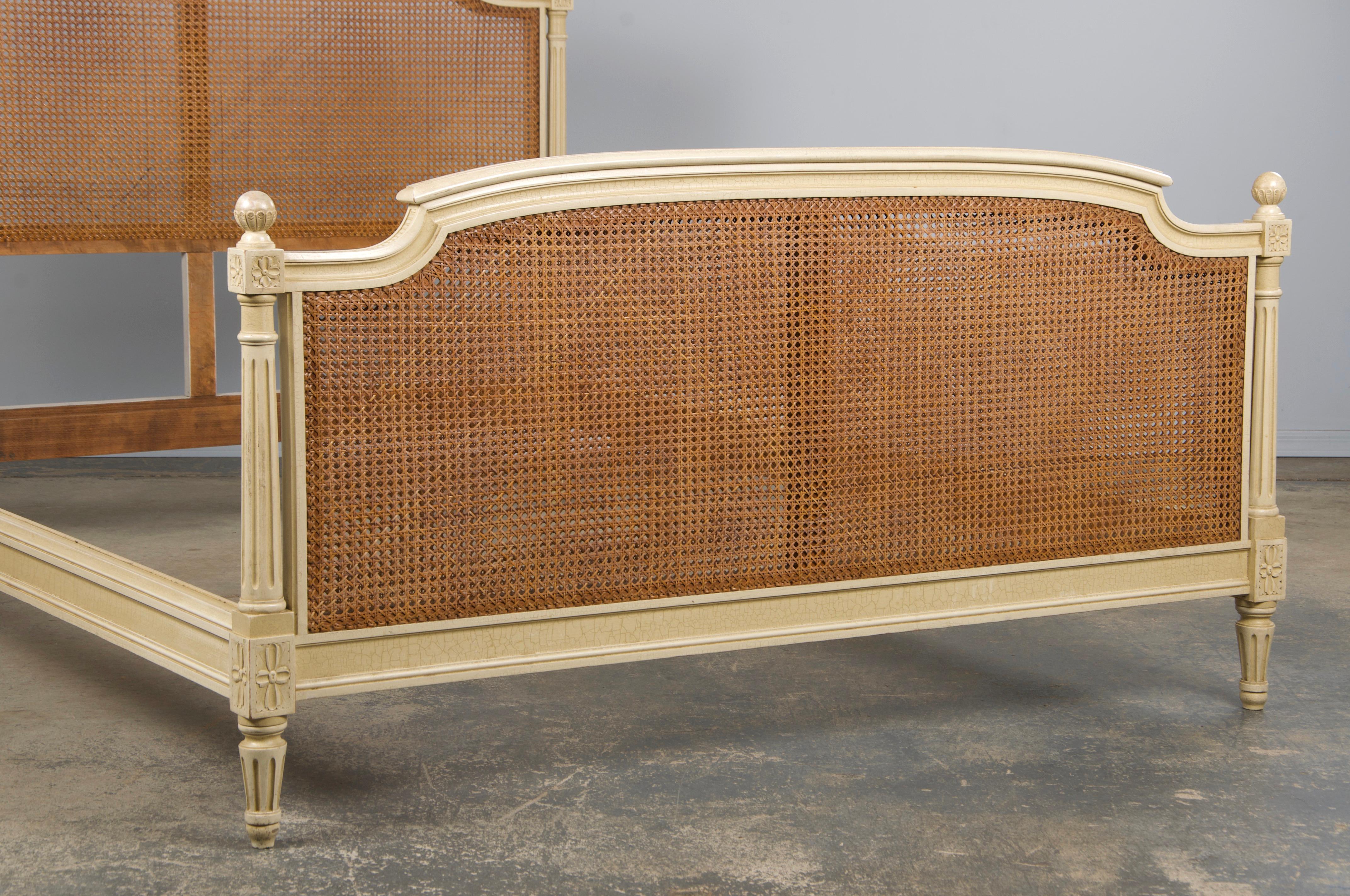 Antique French Louis XVI Style Painted Fullsize Cane Bedframe 1