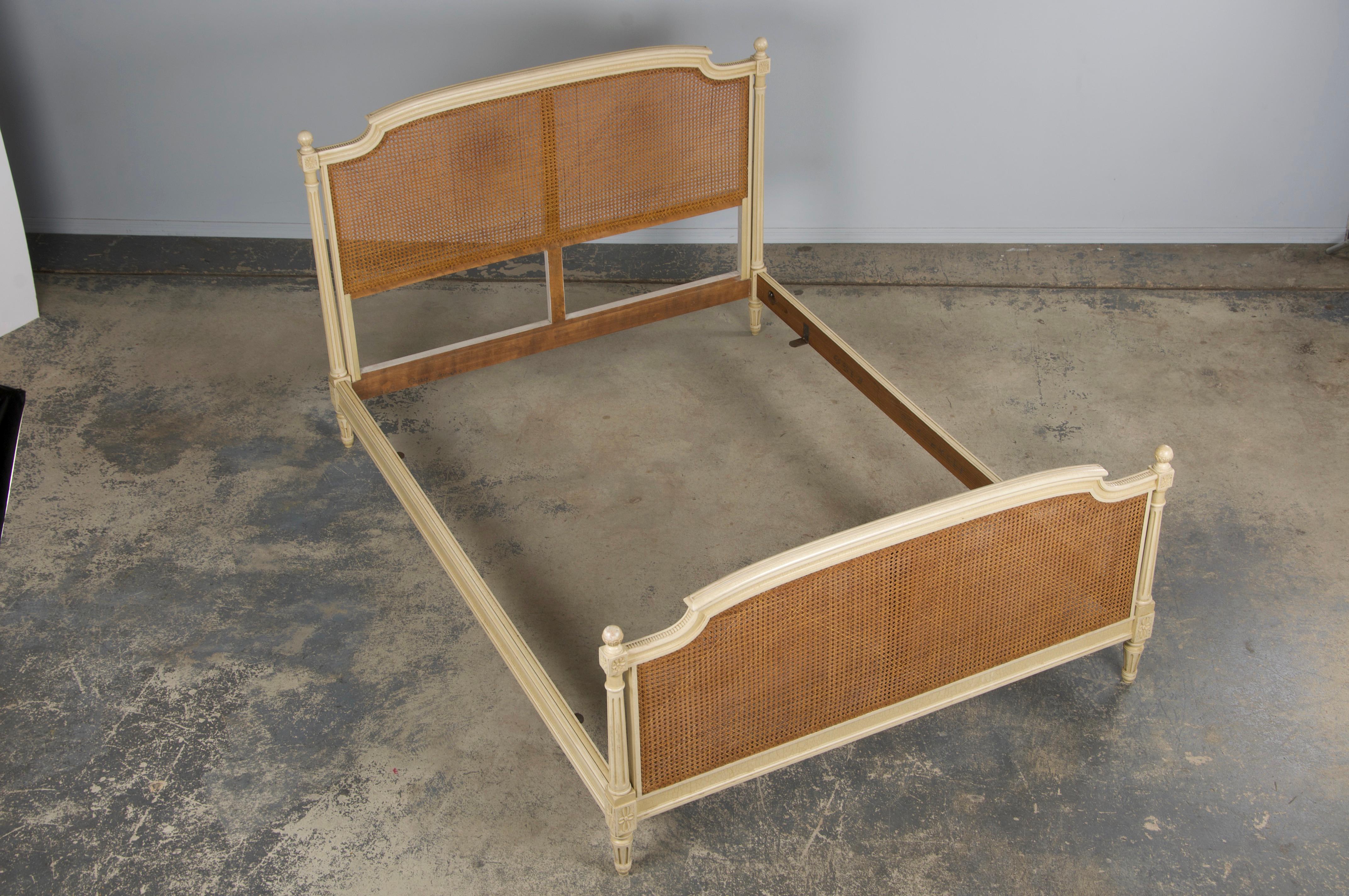 Antique French Louis XVI Style Painted Fullsize Cane Bedframe 2