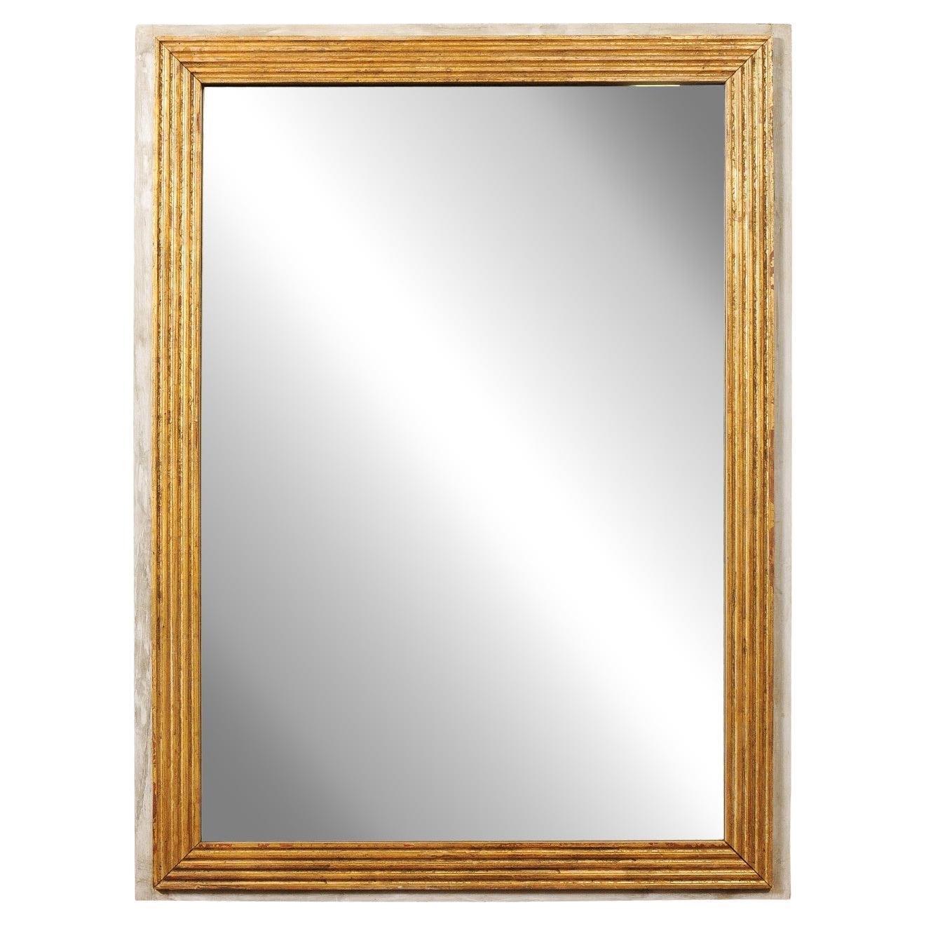 Antiguo Espejo Francés Estilo Luis XVI Pintado Dorado y Gris Suave