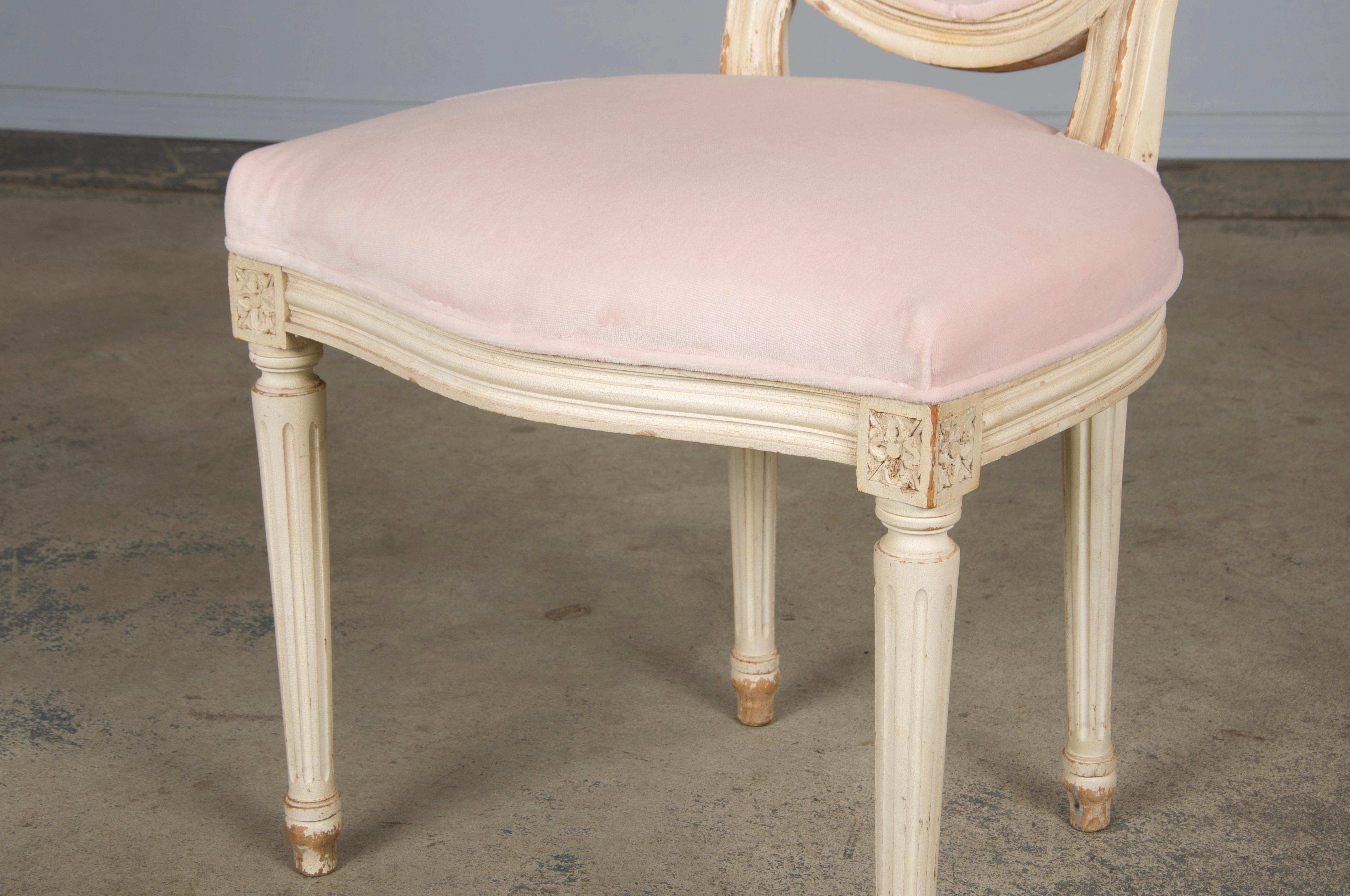 Antique French Louis XVI Style Painted Side Chair in Peony Velvet For Sale 10