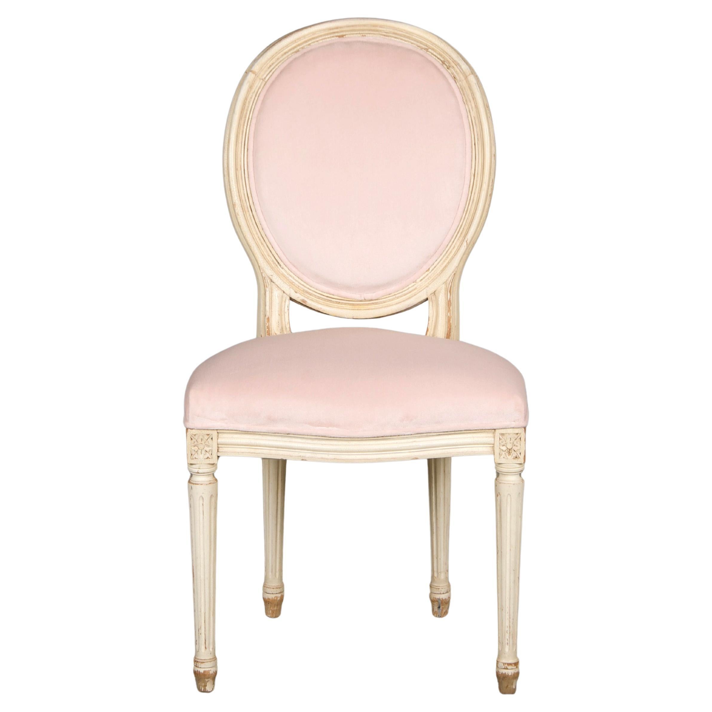 Antique French Louis XVI Style Painted Side Chair in Peony Velvet