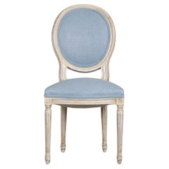 Antique French Louis XVI Style Painted Side Chair W/ Dusty Blue Chenille