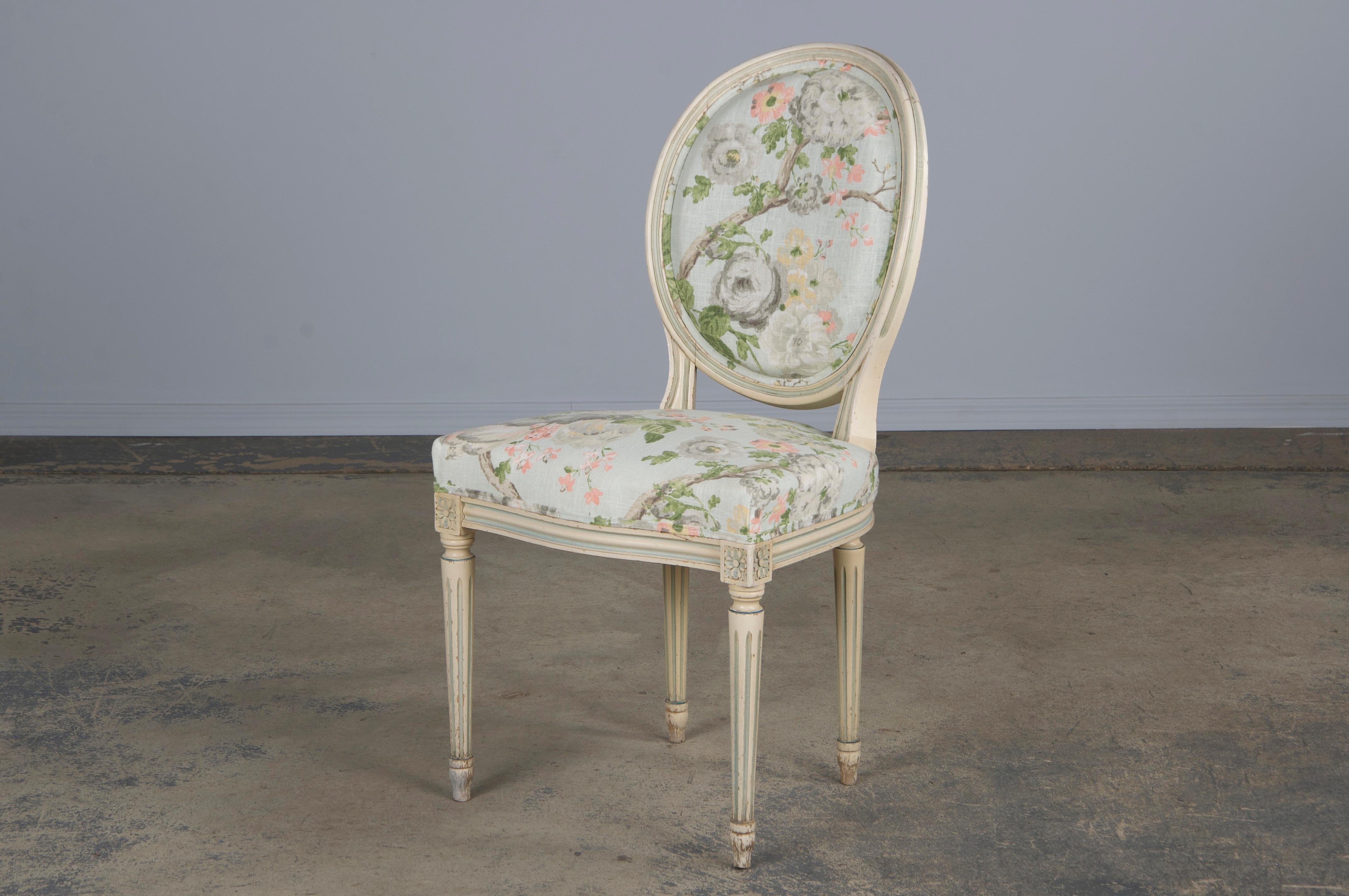 Antique French Louis XVI Style Painted Side Chair W/ Floral Linen 2