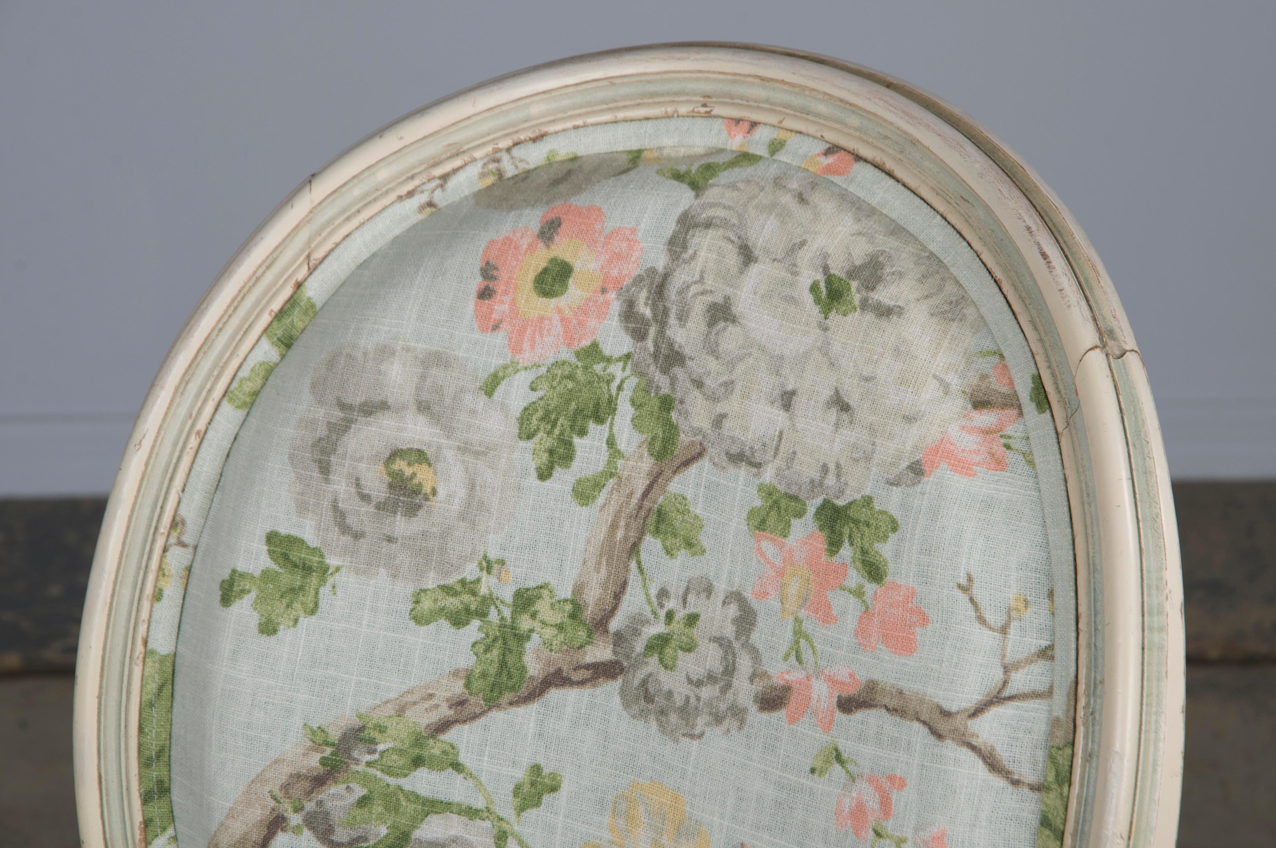 Antique French Louis XVI Style Painted Side Chair W/ Floral Linen 3