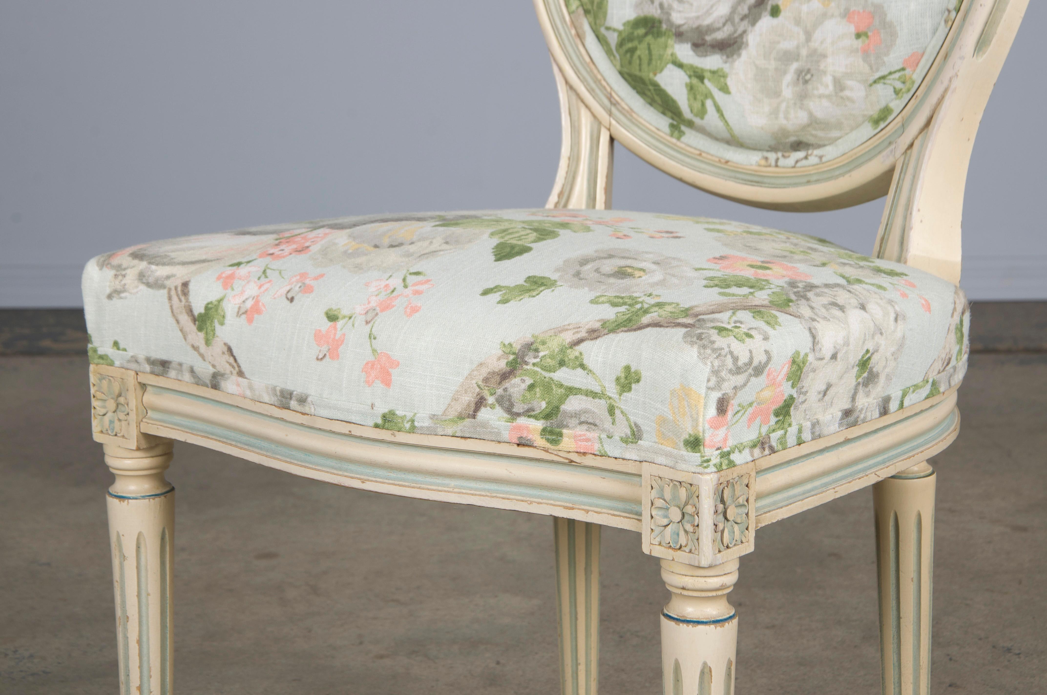 Antique French Louis XVI Style Painted Side Chair W/ Floral Linen 4