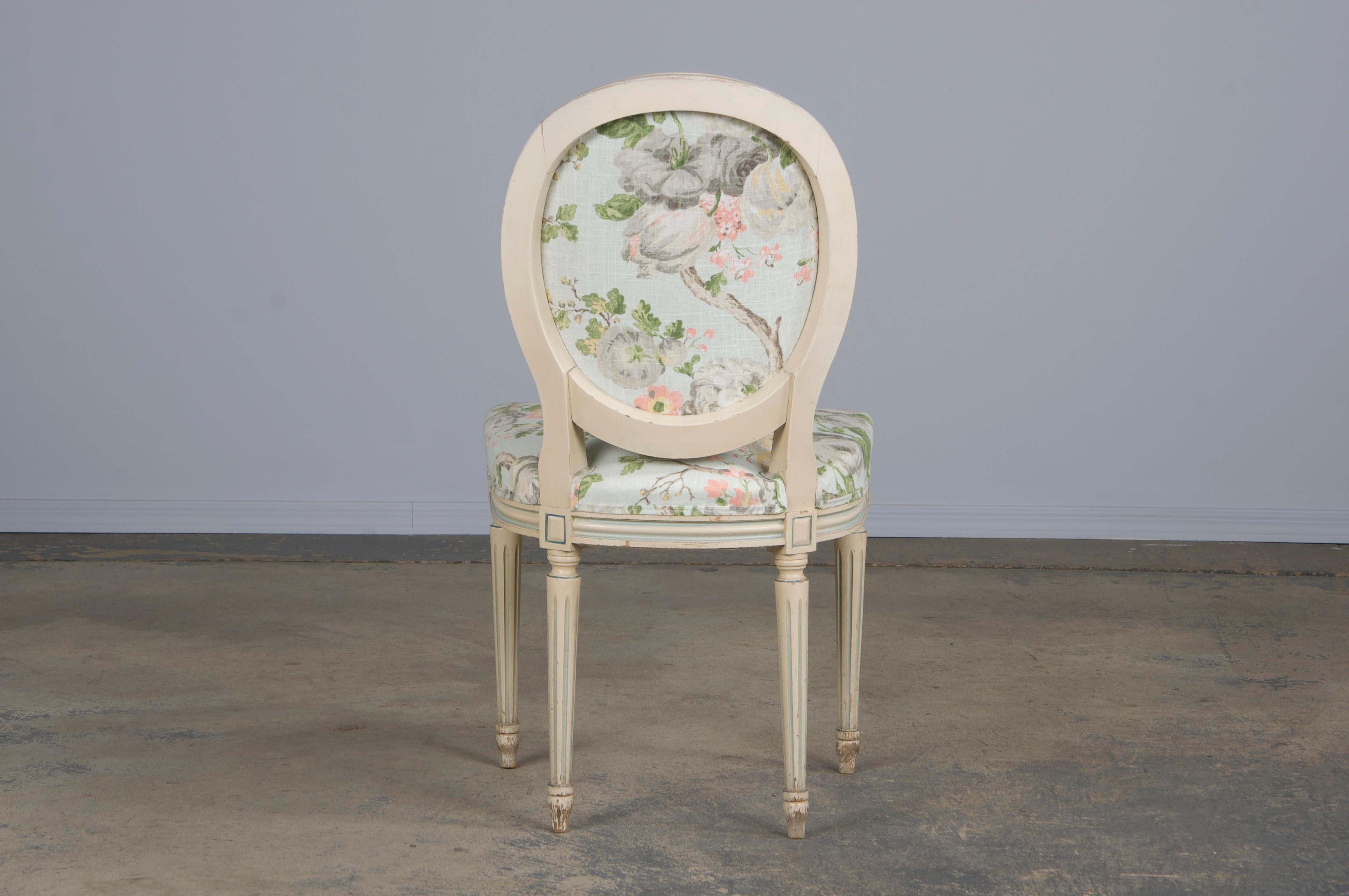 Antique French Louis XVI Style Painted Side Chair W/ Floral Linen 6