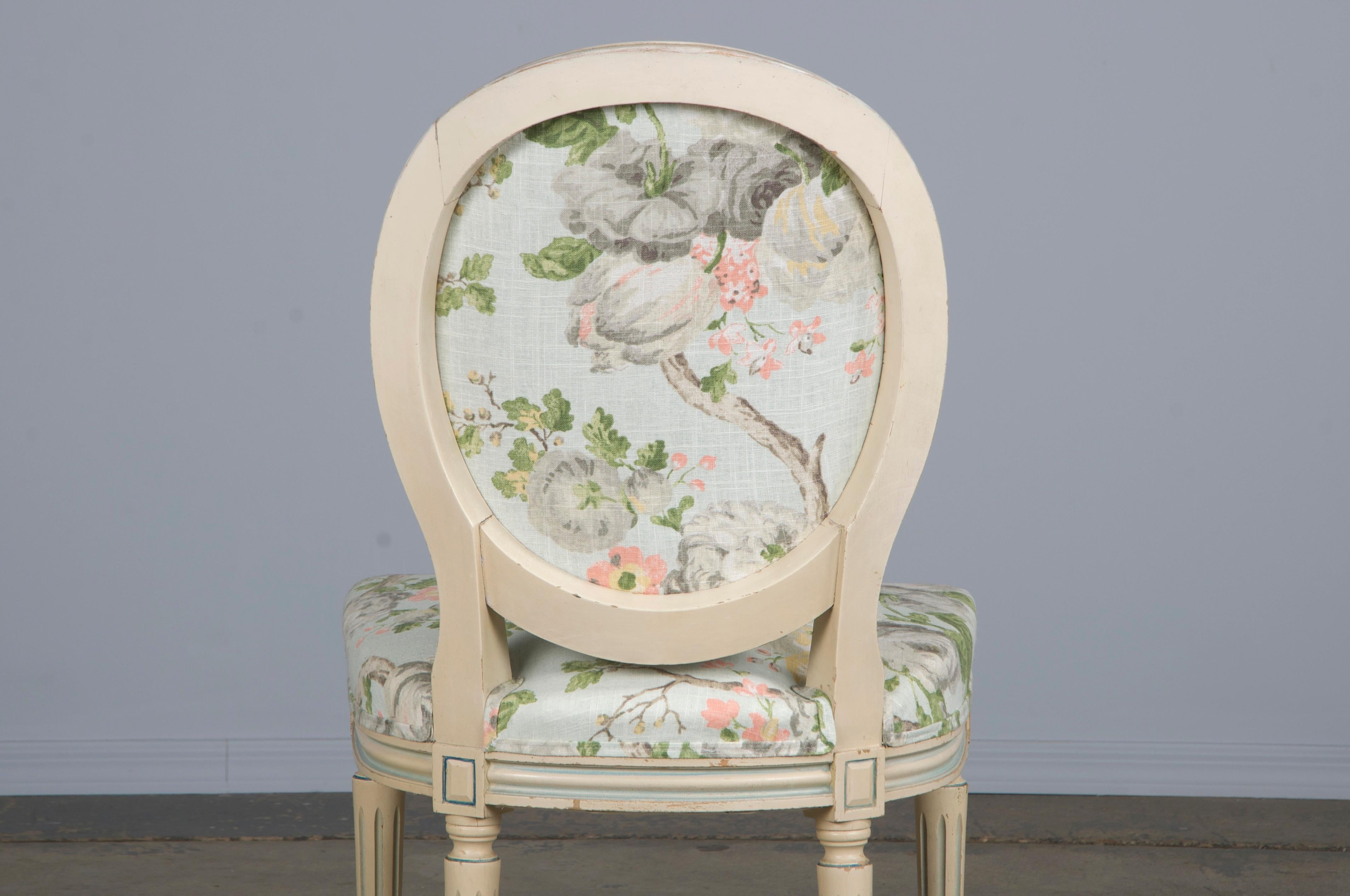 Antique French Louis XVI Style Painted Side Chair W/ Floral Linen 7