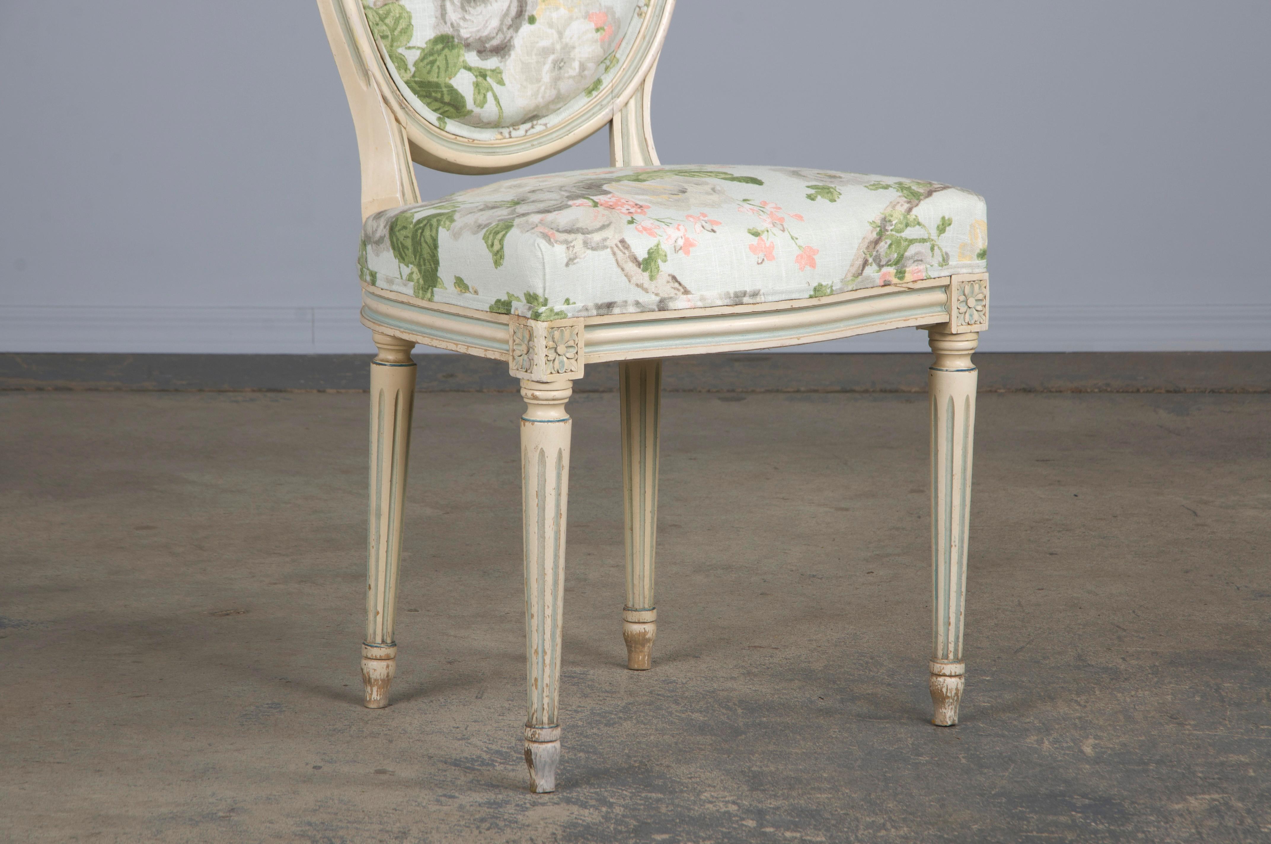Antique French Louis XVI Style Painted Side Chair W/ Floral Linen Lino