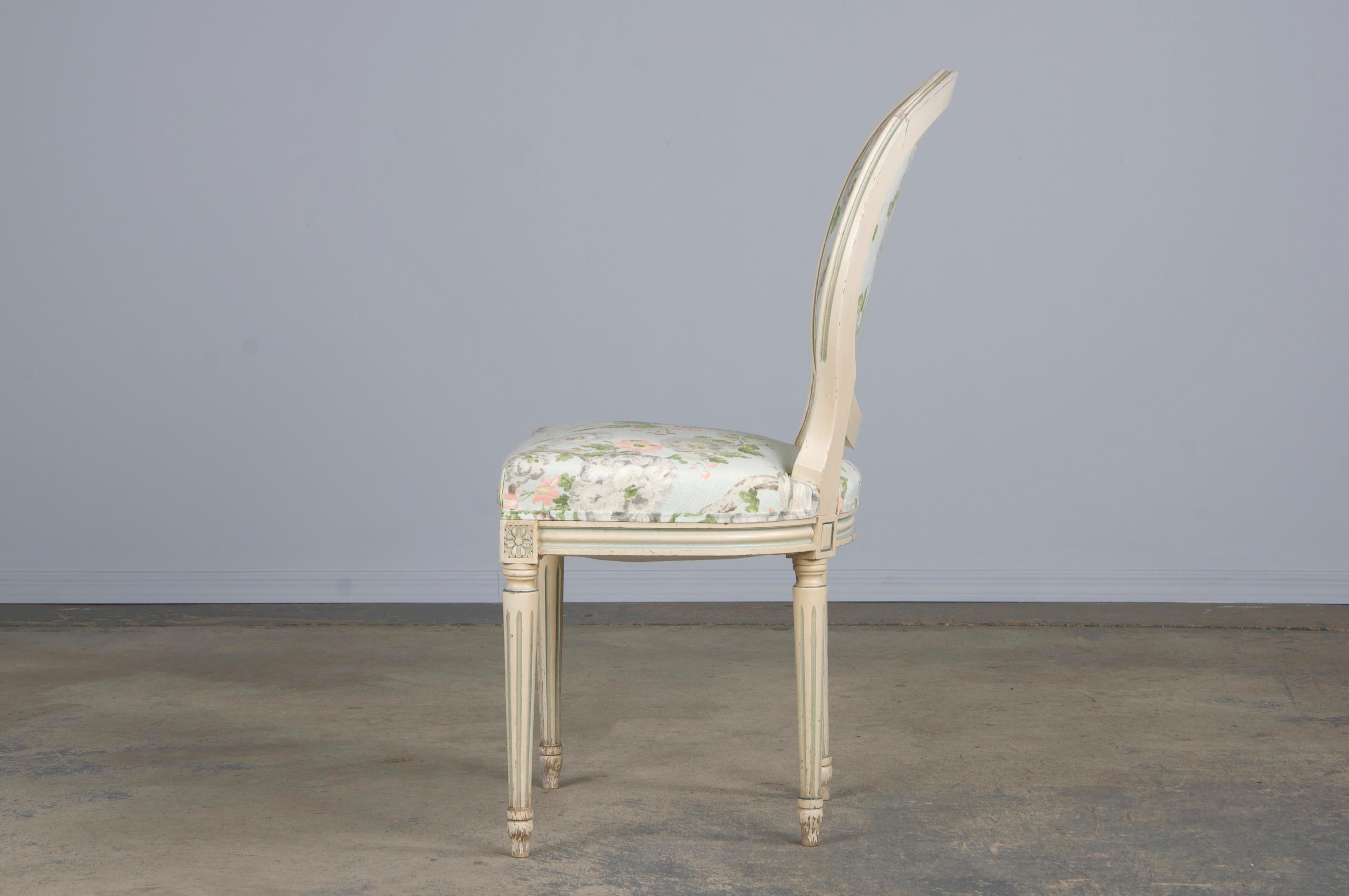 Antique French Louis XVI Style Painted Side Chair W/ Floral Linen 1