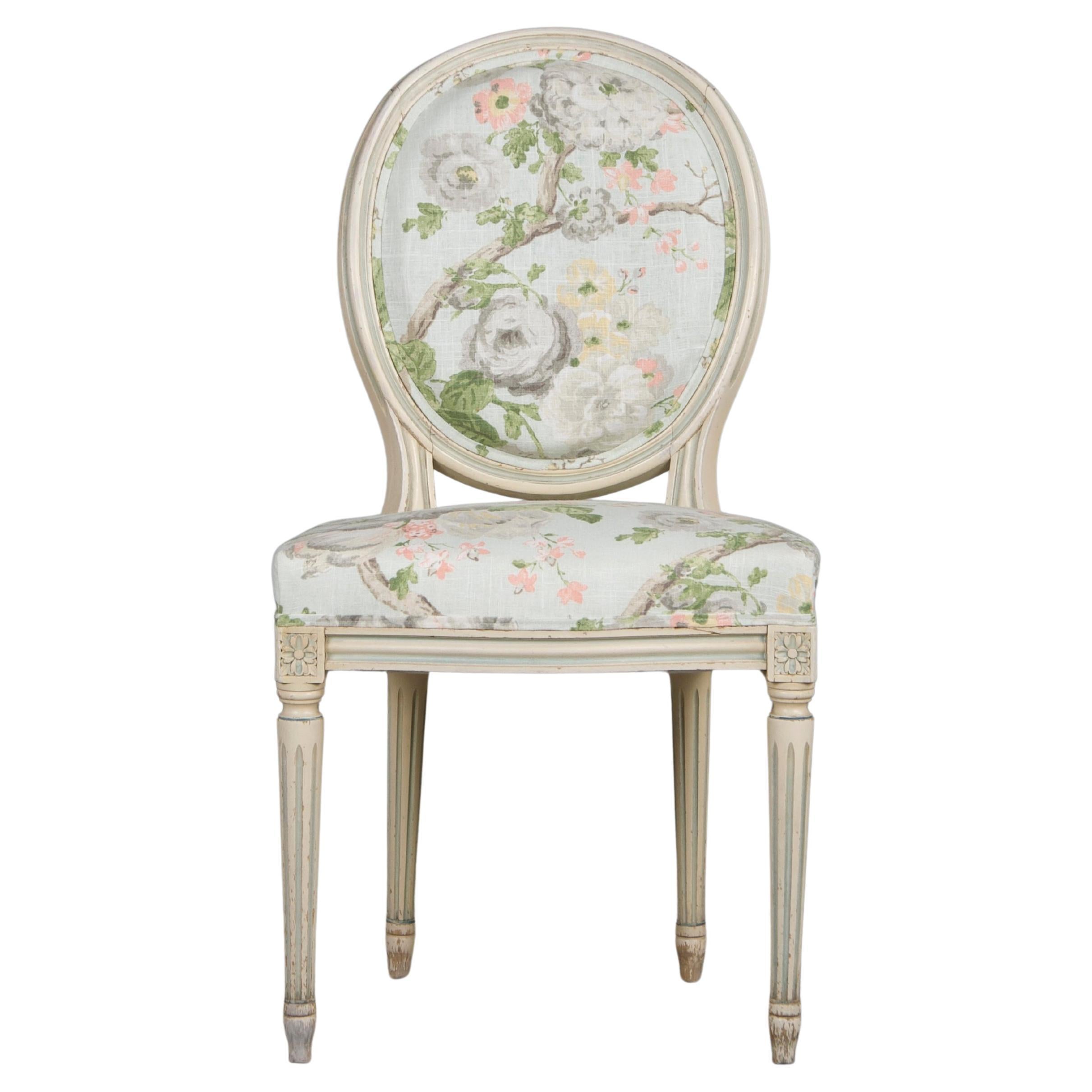 Antique French Louis XVI Style Painted Side Chair W/ Floral Linen