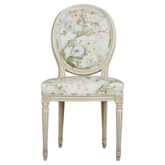 Antique French Louis XVI Style Painted Side Chair W/ Floral Linen