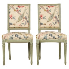 Antique French Louis XVI Style Painted Side Chairs in Chinoiserie Fabric- A Pair