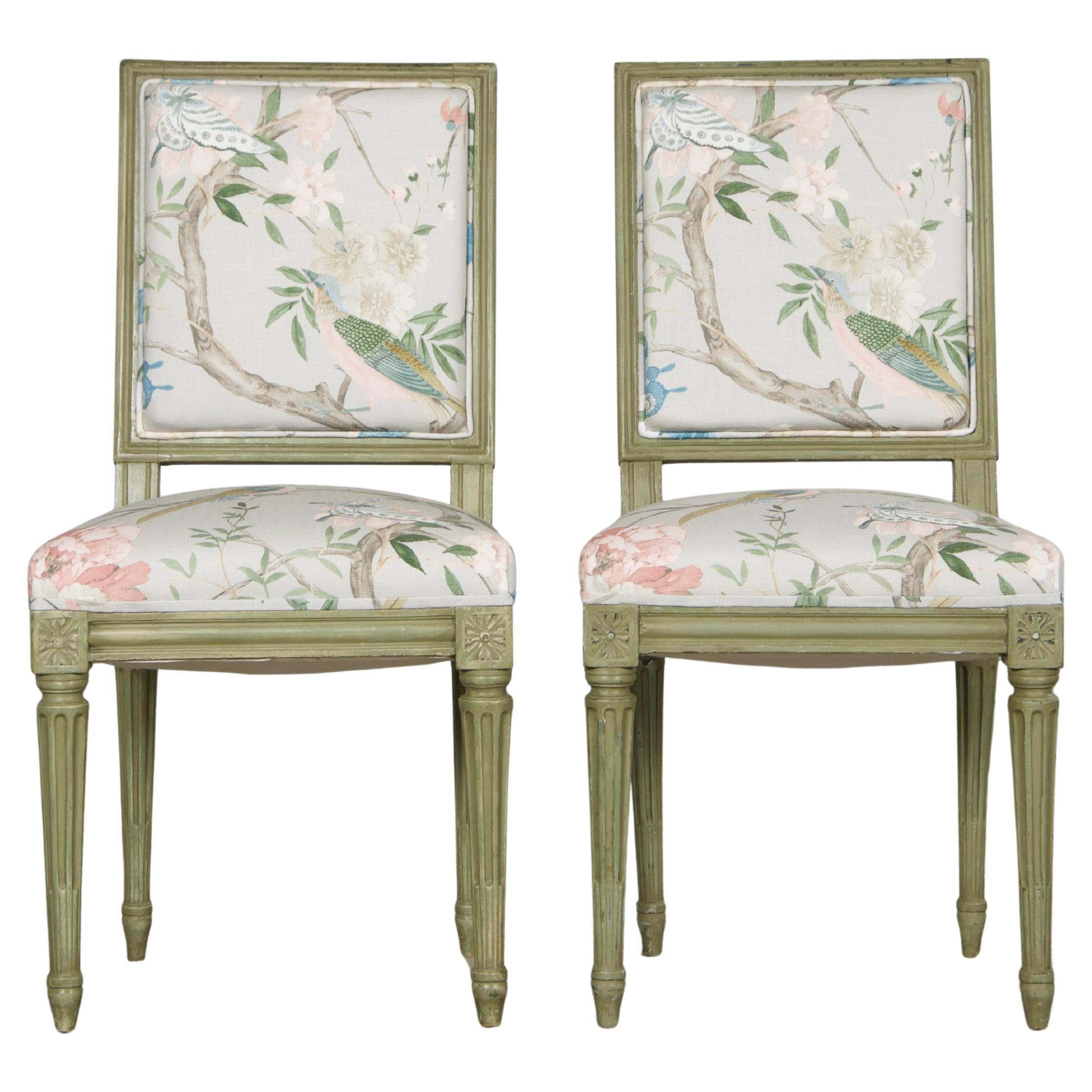 Antique French Louis XVI Style Painted Side Chairs in Chinoiserie Fabric- A Pair