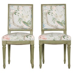 Antique French Louis XVI Style Painted Side Chairs in Chinoiserie Fabric- A Pair