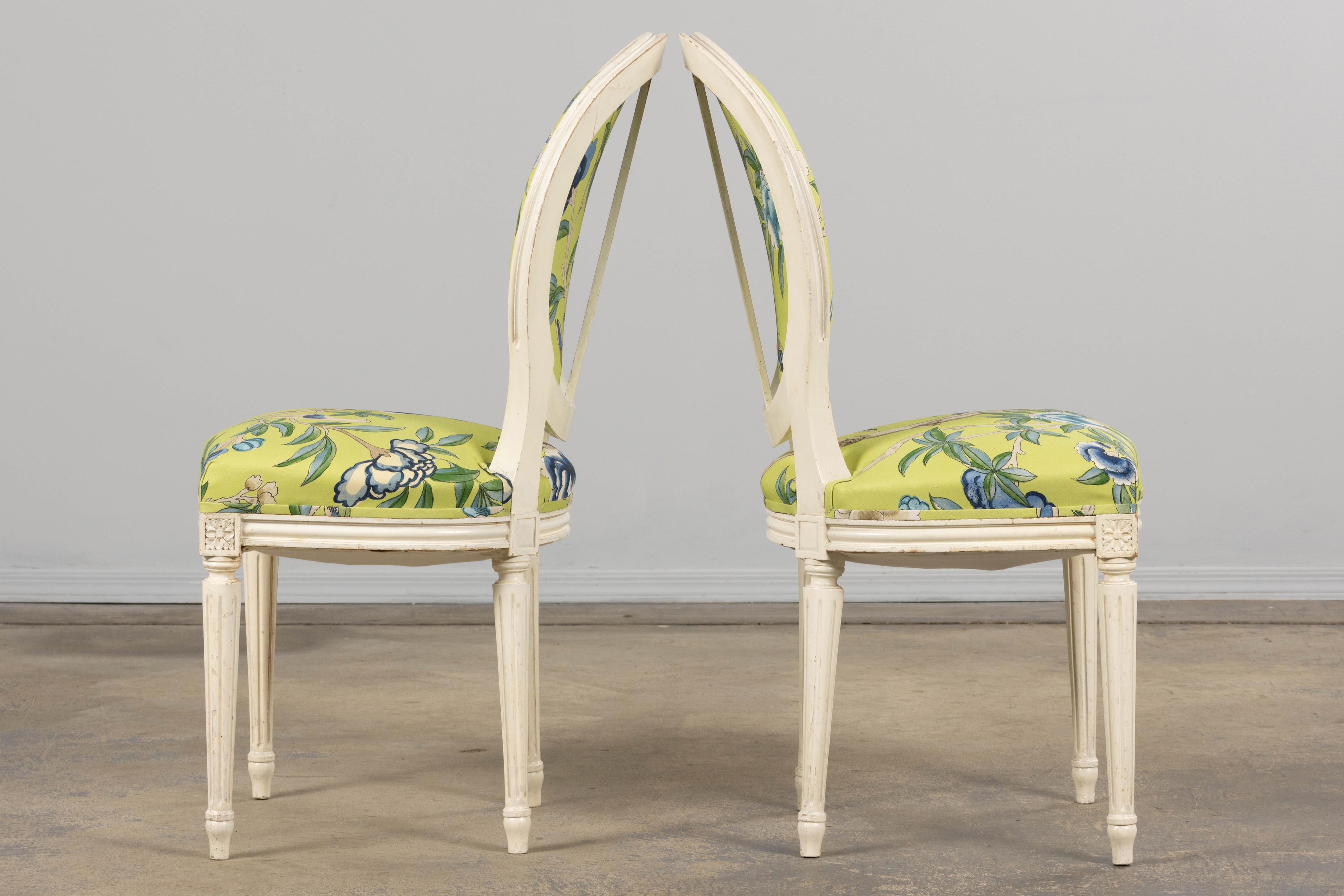 Antique French Louis XVI Style Painted Side Chairs in Green Chinoiseries Fabric For Sale 8