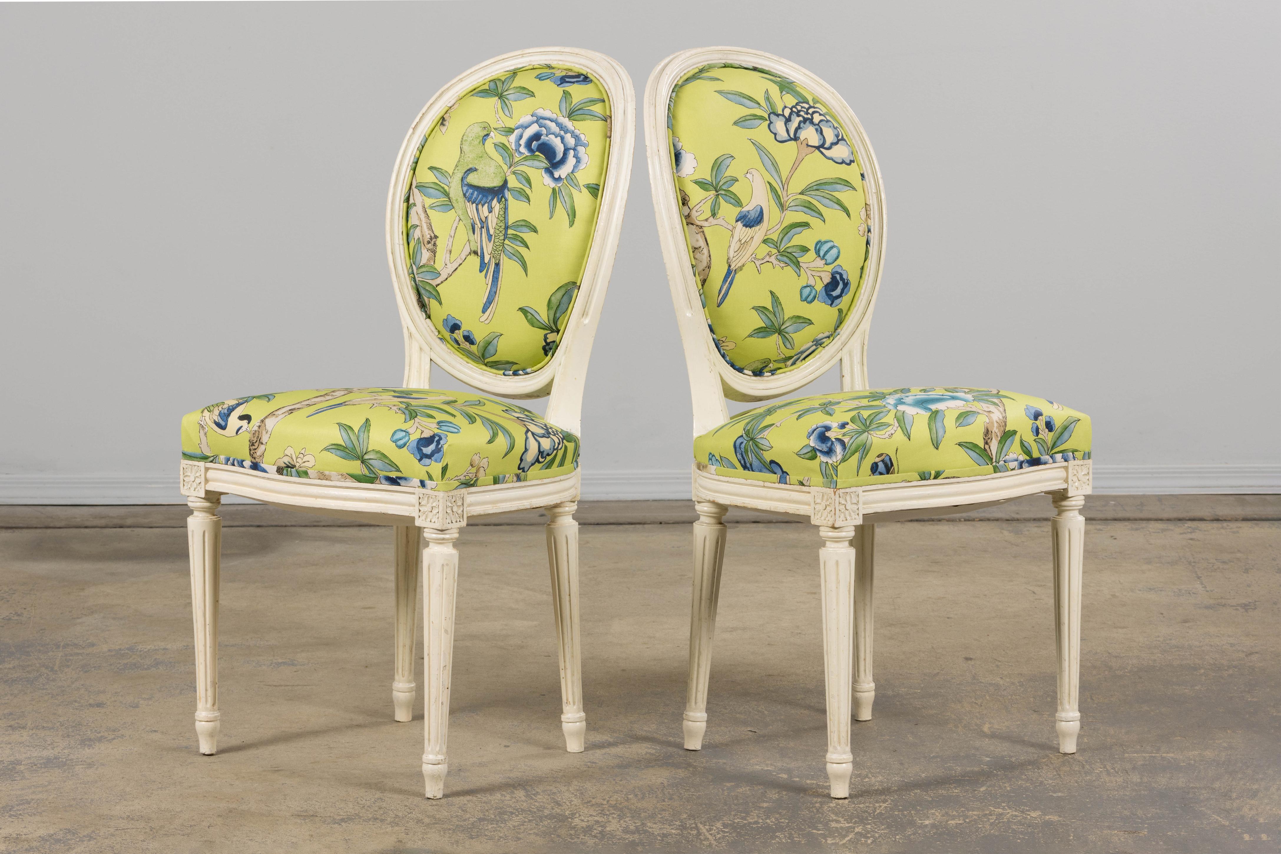 Antique French Louis XVI Style Painted Side Chairs in Green Chinoiseries Fabric For Sale 9