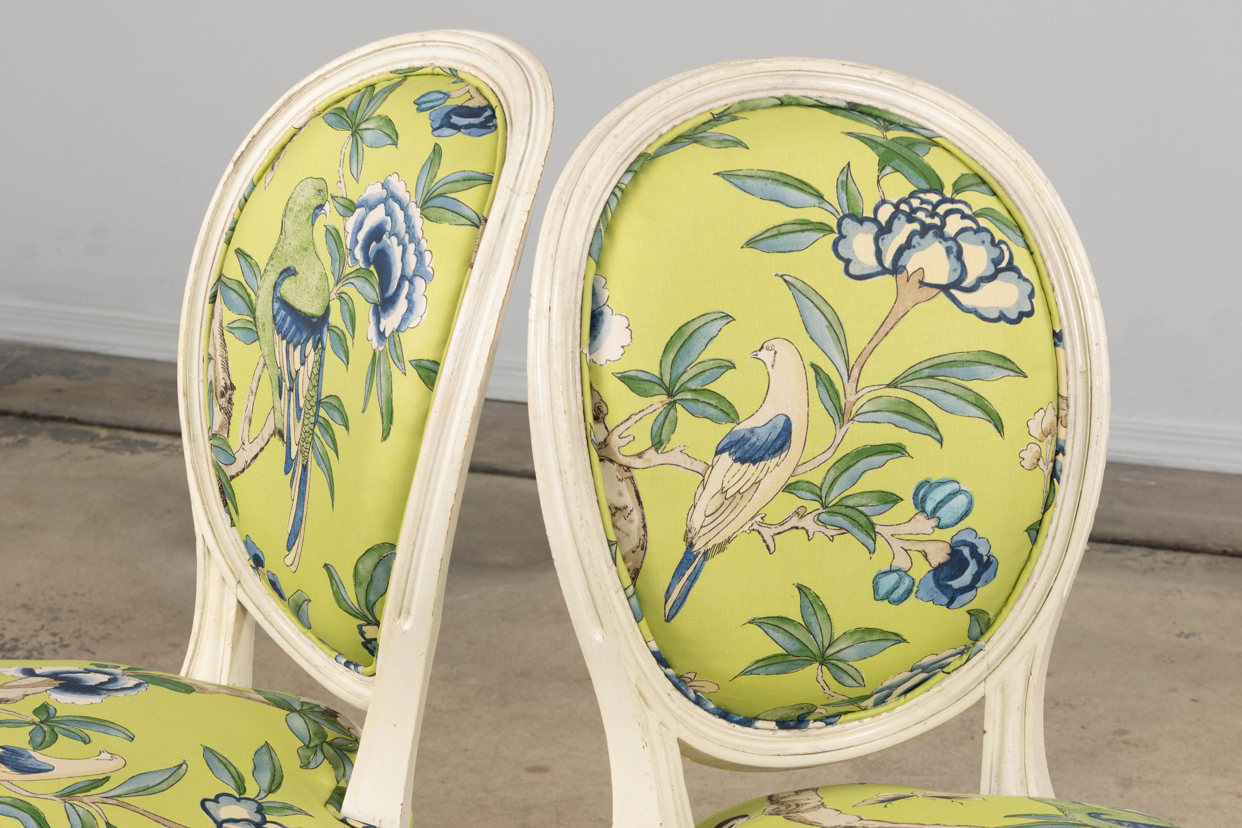Antique French Louis XVI Style Painted Side Chairs in Green Chinoiseries Fabric For Sale 10