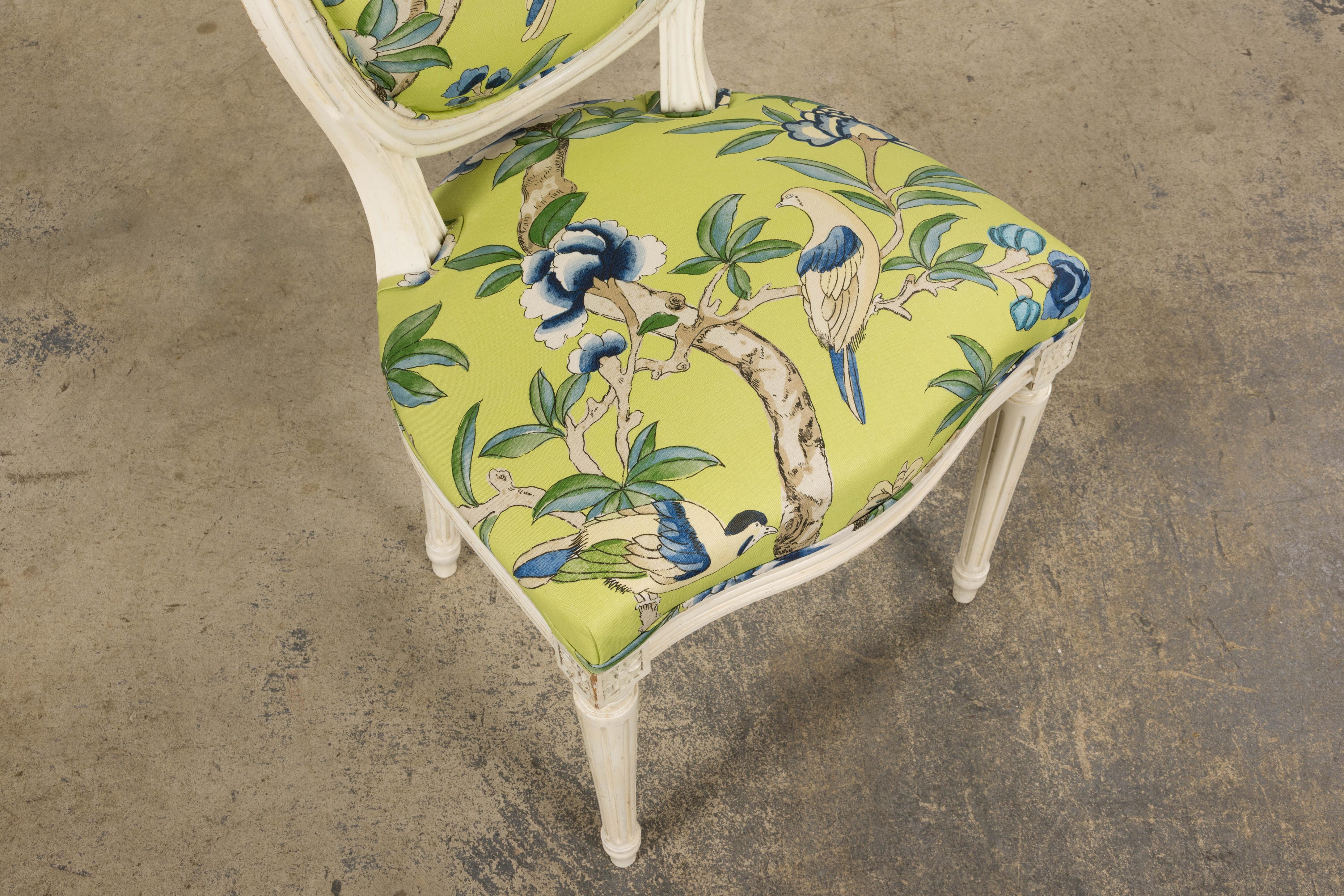 Antique French Louis XVI Style Painted Side Chairs in Green Chinoiseries Fabric For Sale 11