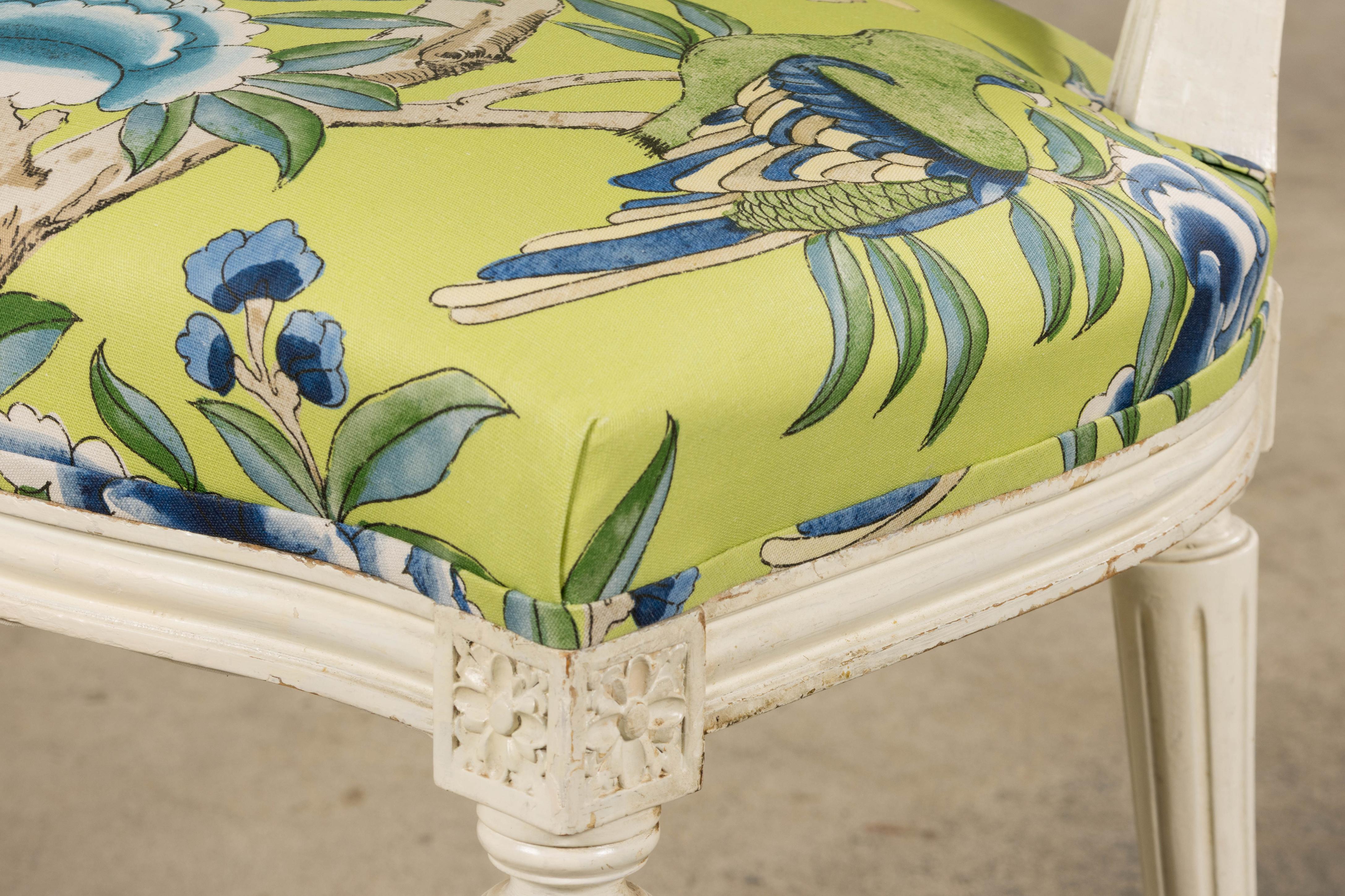 Antique French Louis XVI Style Painted Side Chairs in Green Chinoiseries Fabric For Sale 12