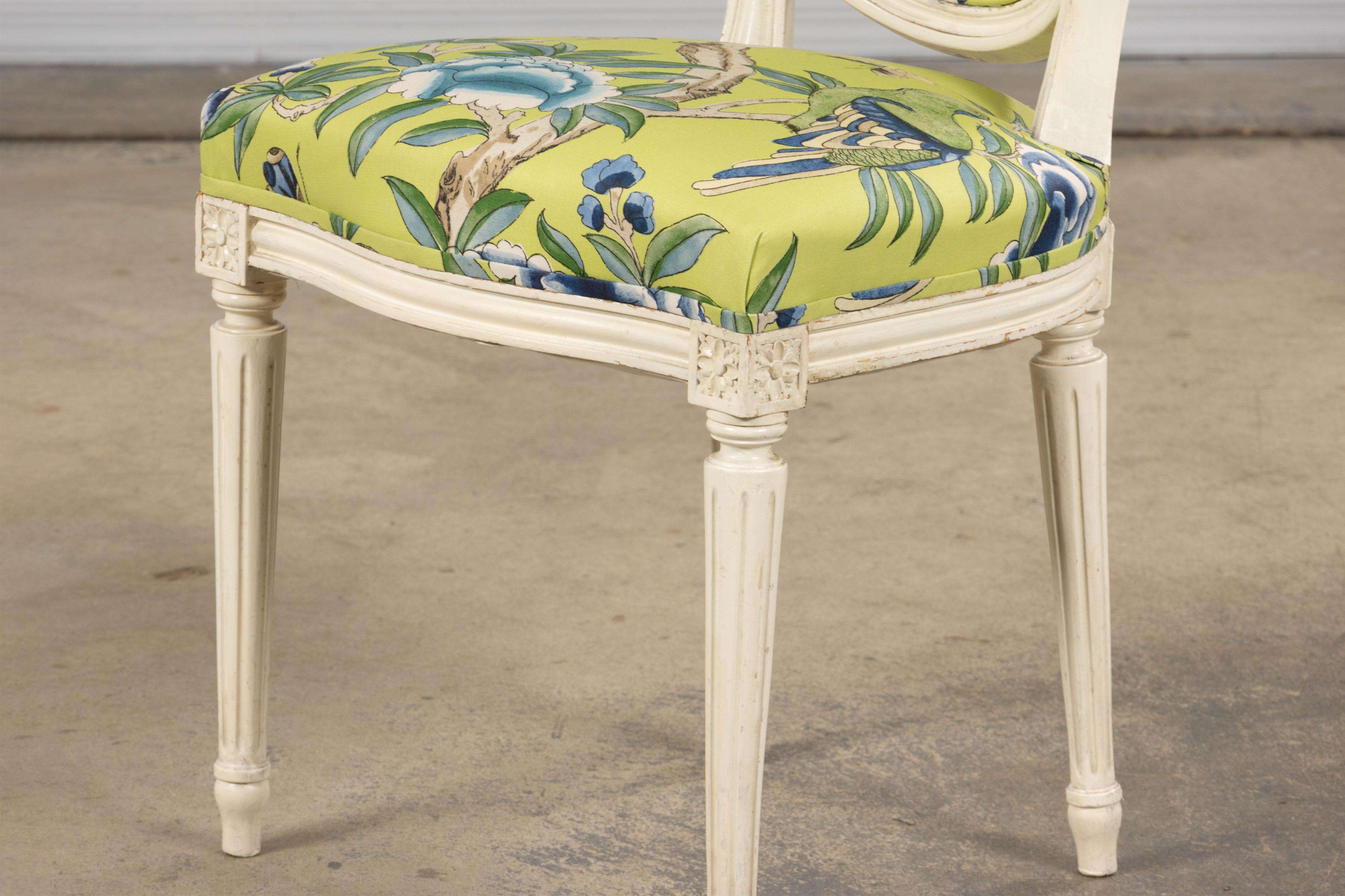 Antique French Louis XVI Style Painted Side Chairs in Green Chinoiseries Fabric For Sale 13