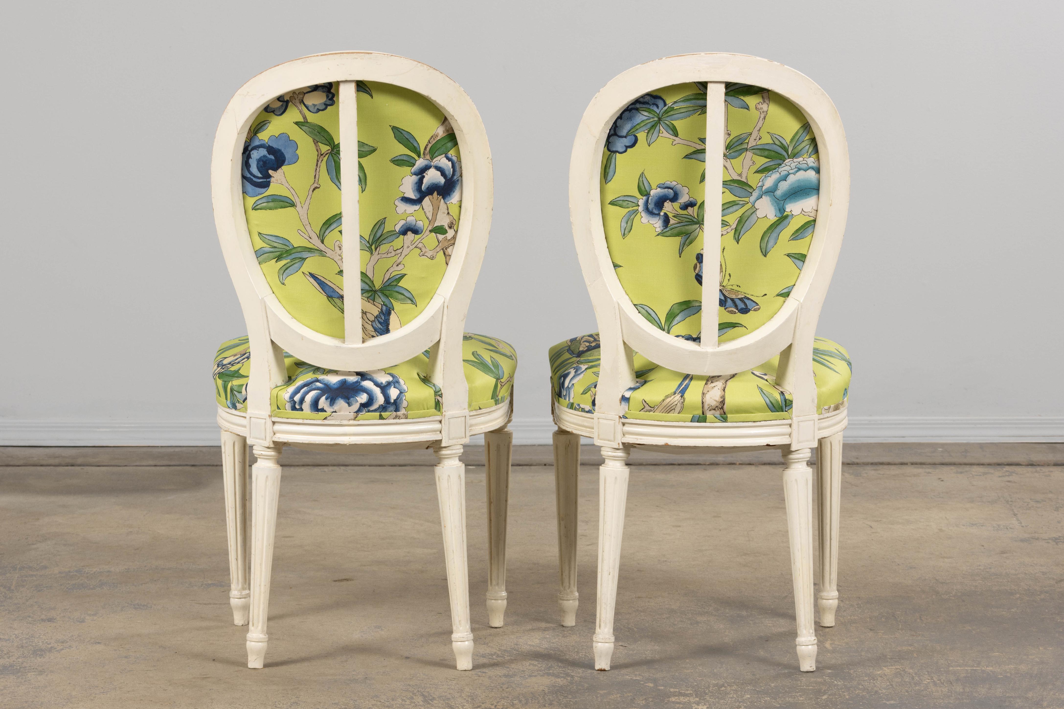 Antique French Louis XVI Style Painted Side Chairs in Green Chinoiseries Fabric For Sale 14