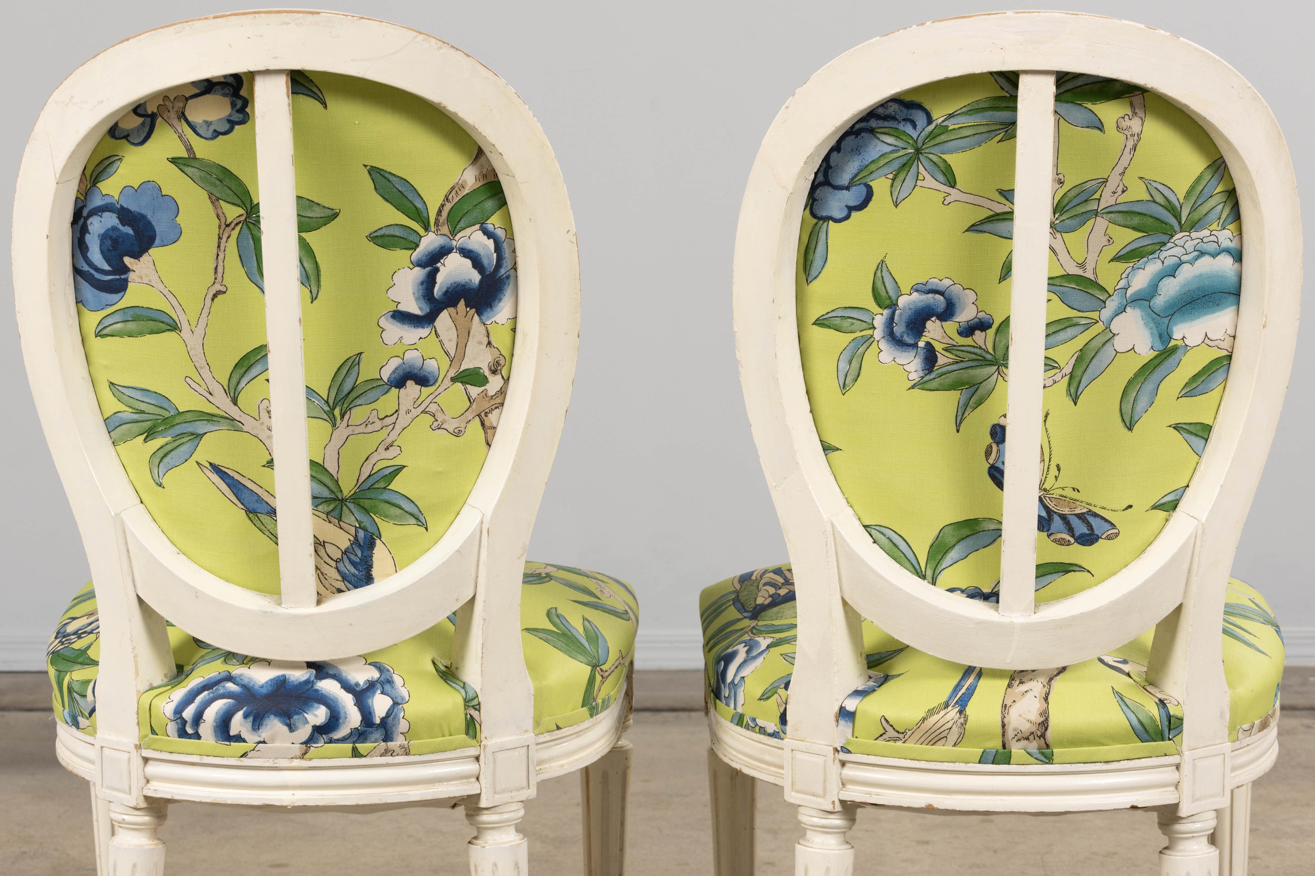 Antique French Louis XVI Style Painted Side Chairs in Green Chinoiseries Fabric For Sale 15
