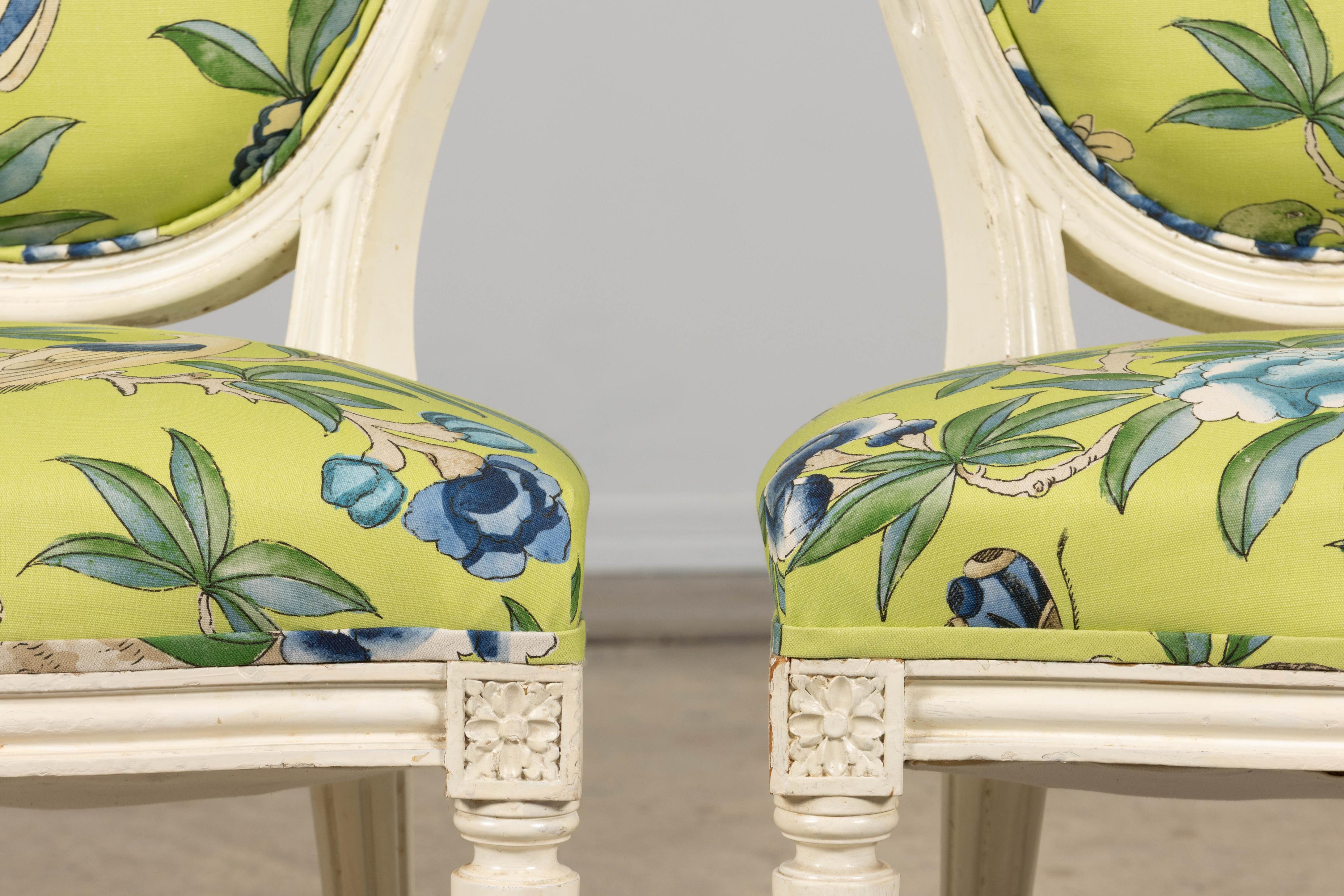 19th Century Antique French Louis XVI Style Painted Side Chairs in Green Chinoiseries Fabric For Sale