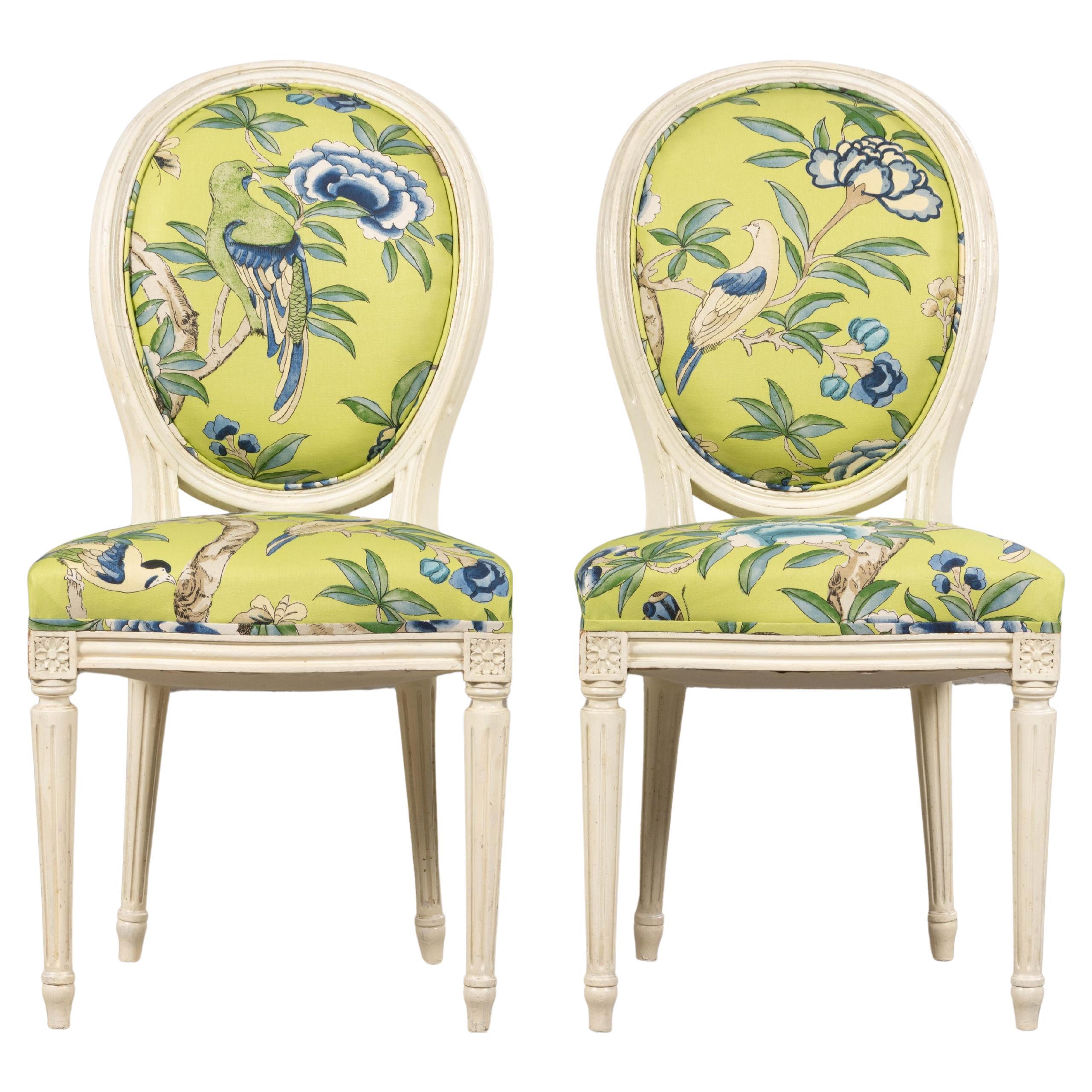 Antique French Louis XVI Style Painted Side Chairs in Green Chinoiseries Fabric For Sale