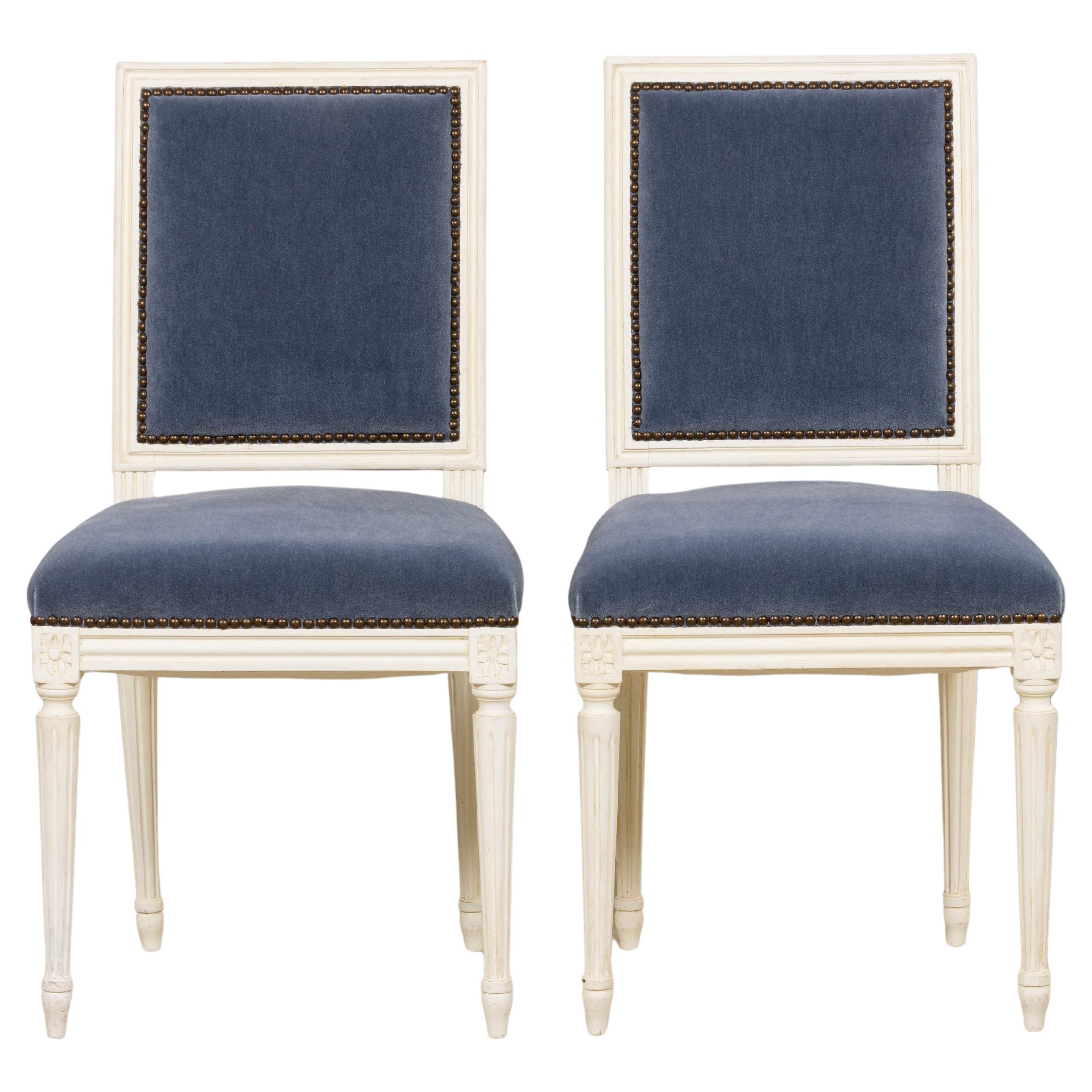 Antique French Louis XVI Style Painted Side Chairs W/ Blue Mohair - A Pair