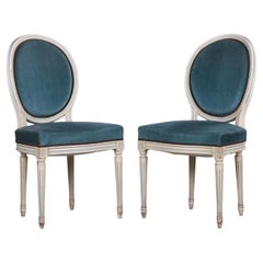 Antique French Louis XVI Style Painted Side Chairs W/ Blue Velvet - A Pair Antique French Louis XVI Style Painted Side Chairs W/ Blue Velvet - A Pair