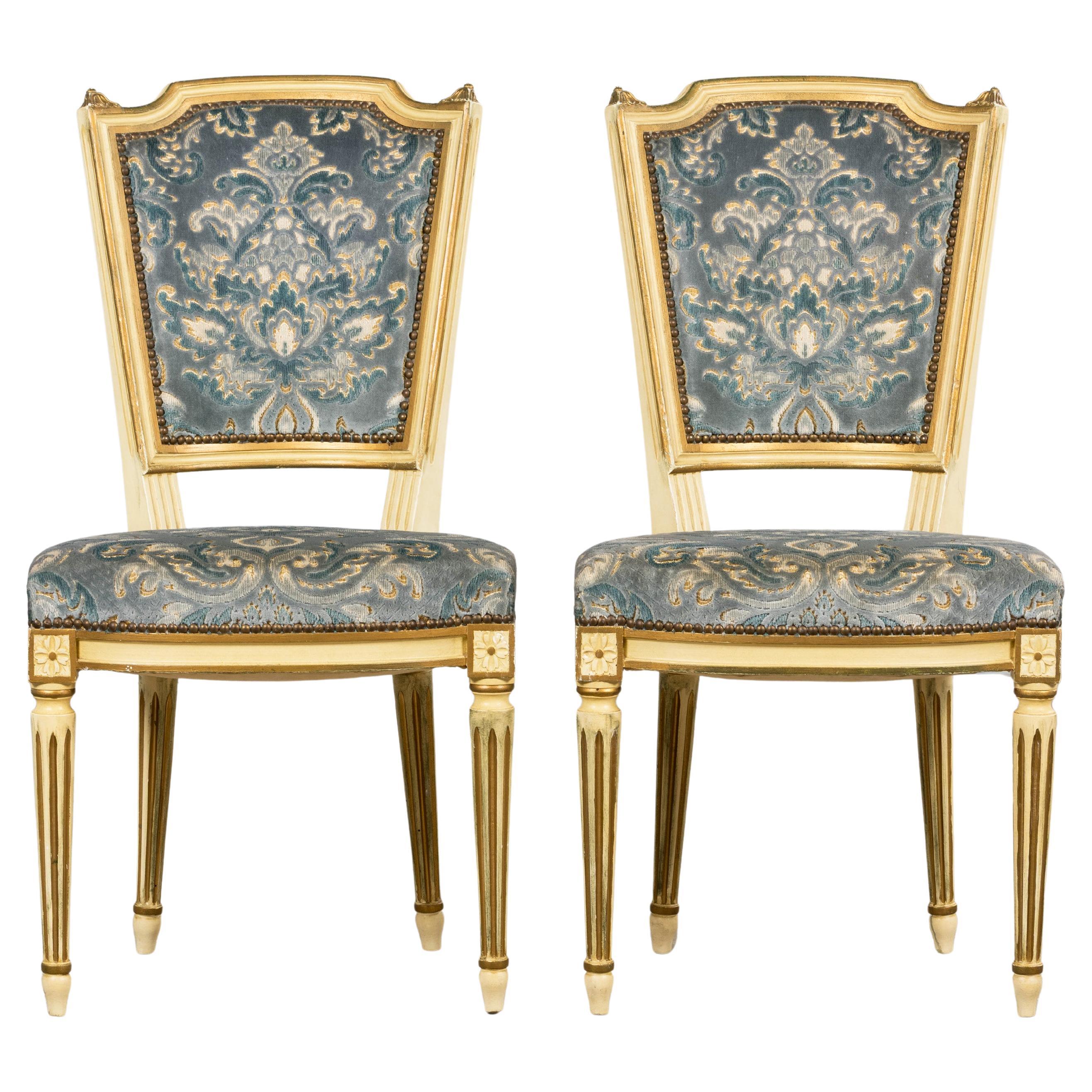 Antique French Louis XVI Style Painted Side Chairs W/ Blue Velvet Damask– A Pair For Sale