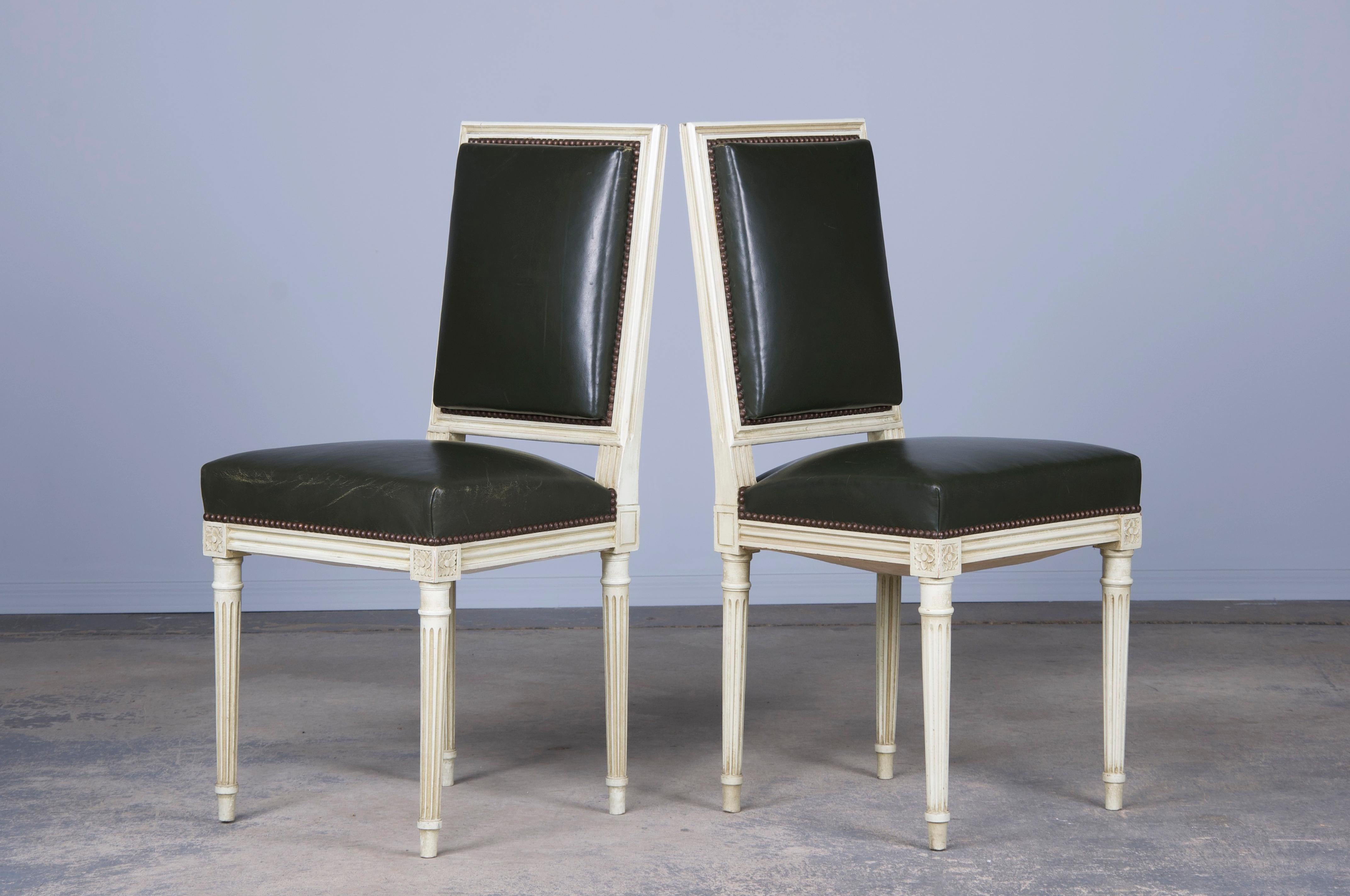 Antique French Louis XVI Style Painted Side Chairs/ W Dark Green Leather- A Pair For Sale 5