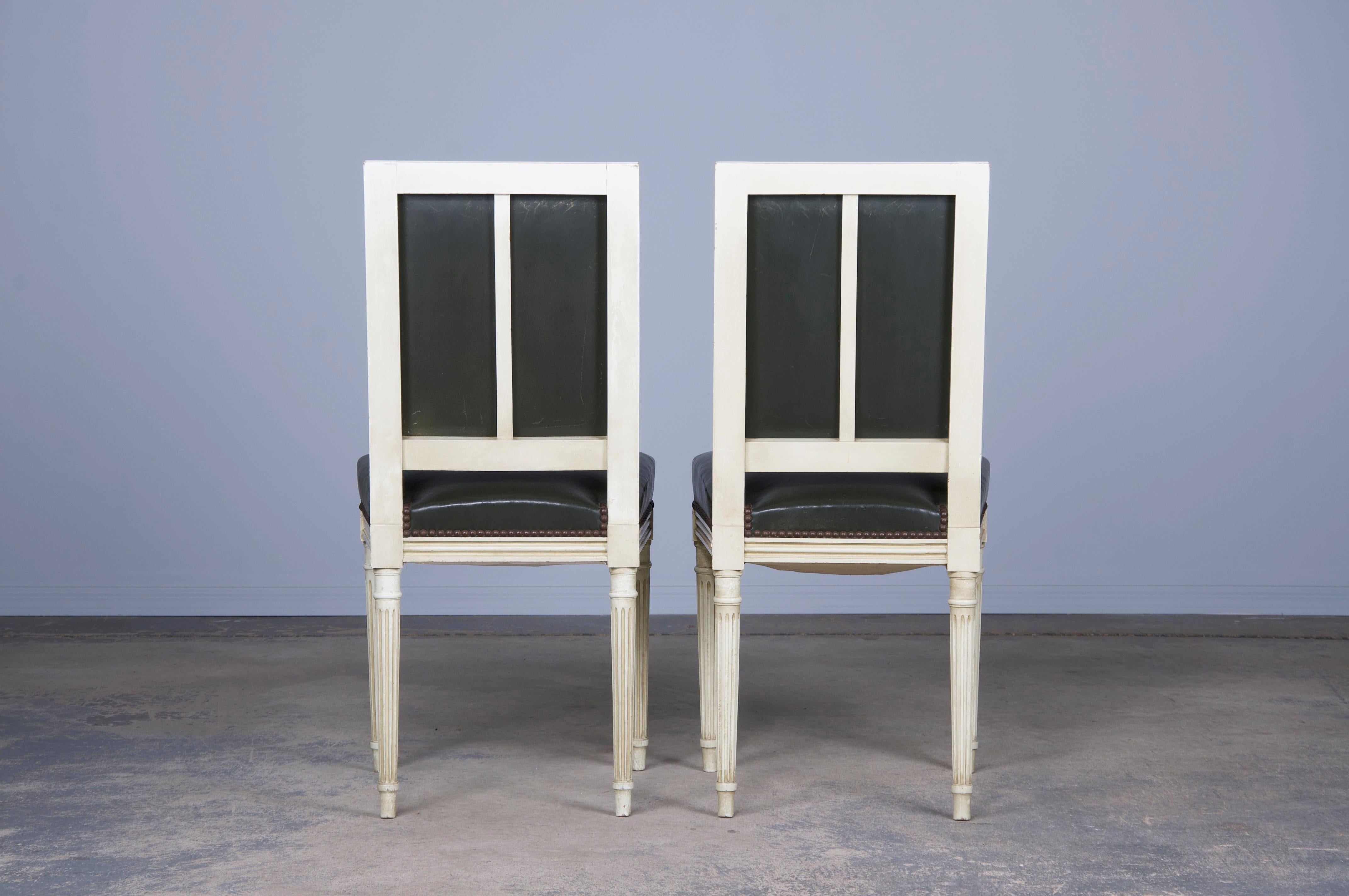 Antique French Louis XVI Style Painted Side Chairs/ W Dark Green Leather- A Pair For Sale 8