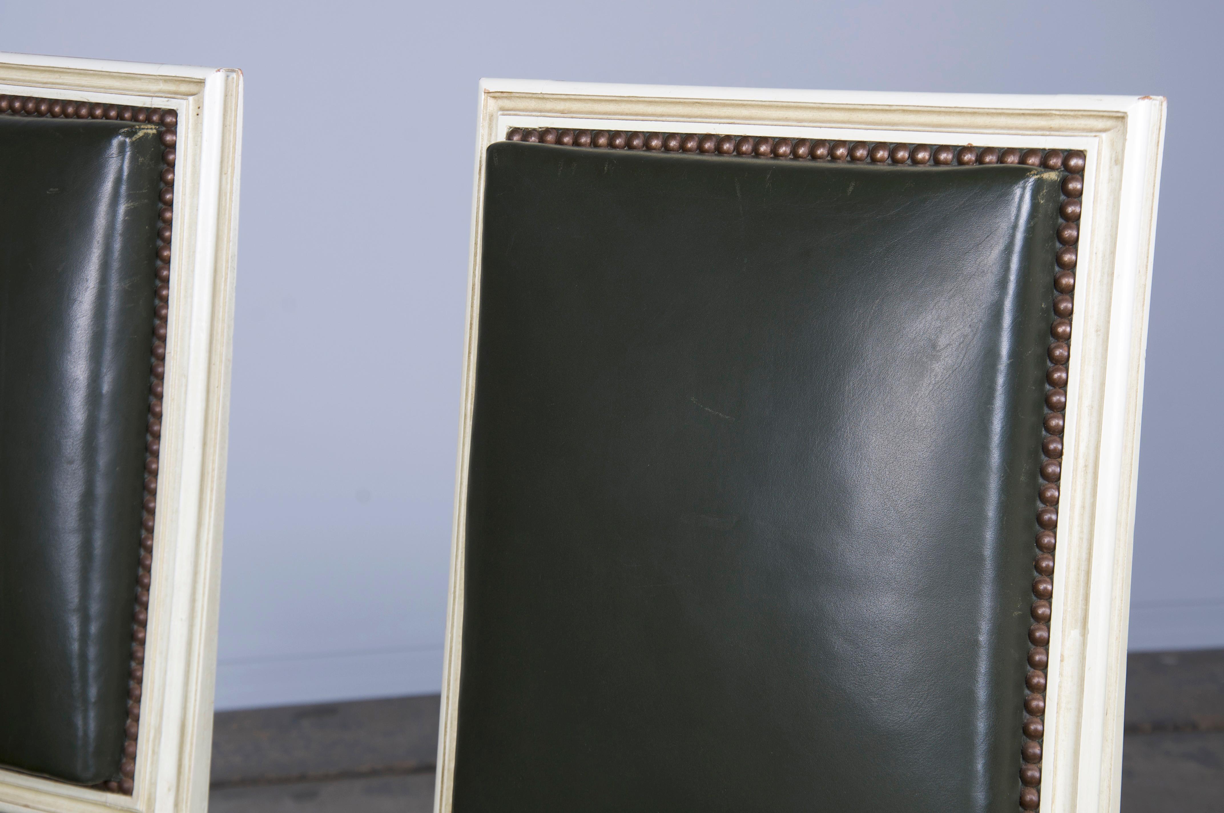 Hand-Crafted Antique French Louis XVI Style Painted Side Chairs/ W Dark Green Leather- A Pair For Sale