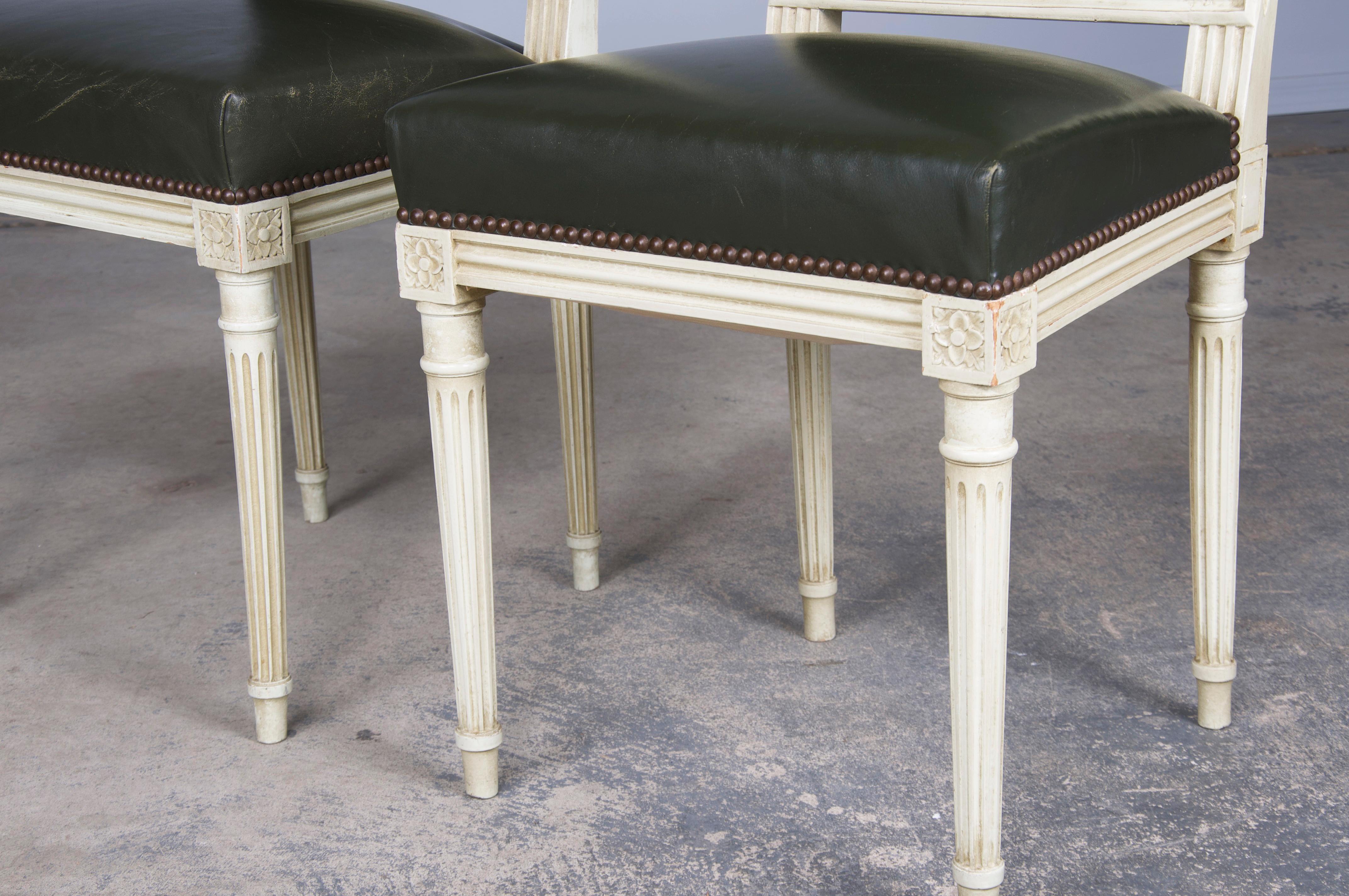 19th Century Antique French Louis XVI Style Painted Side Chairs/ W Dark Green Leather- A Pair For Sale