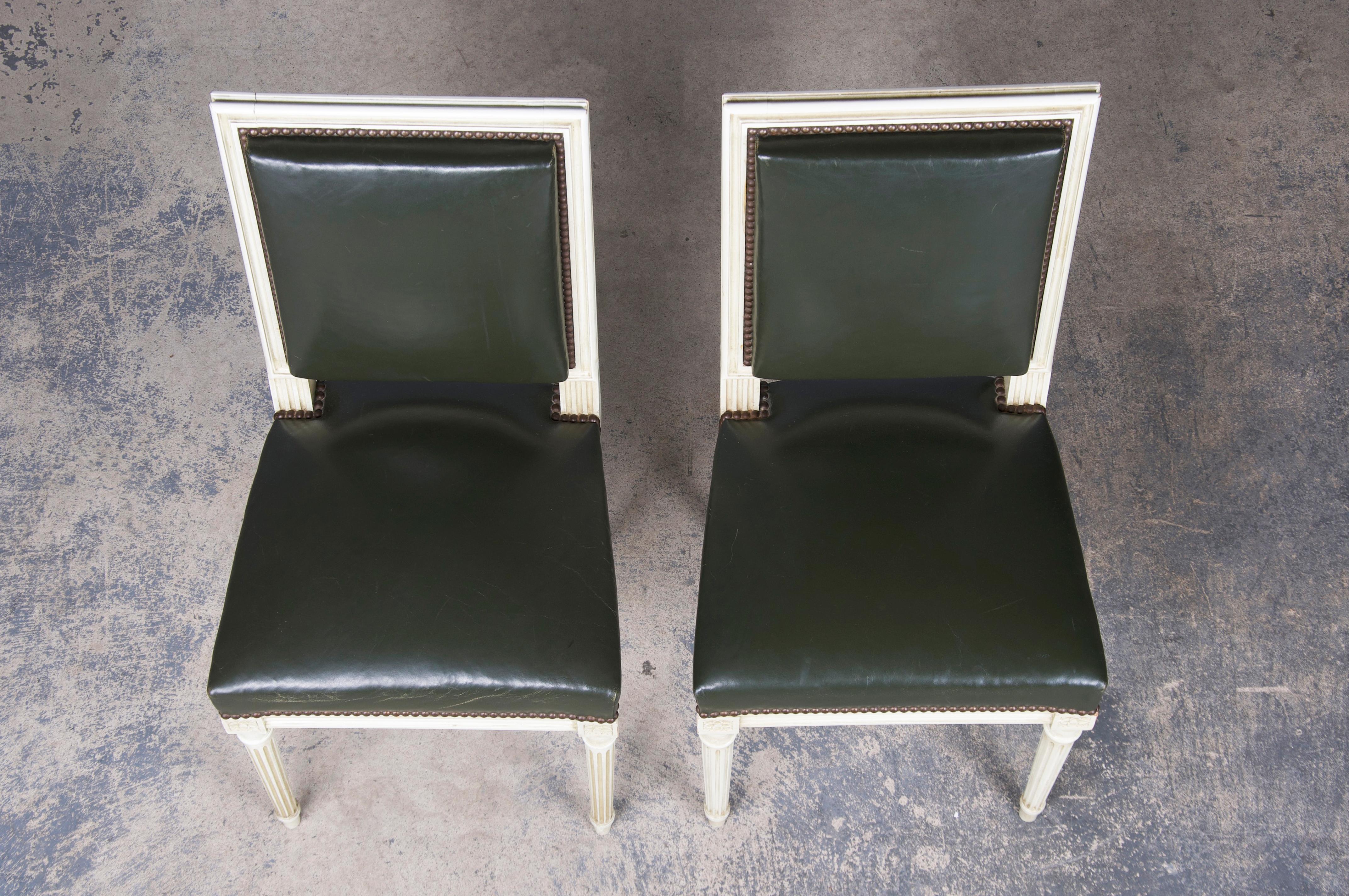 Antique French Louis XVI Style Painted Side Chairs/ W Dark Green Leather- A Pair For Sale 2