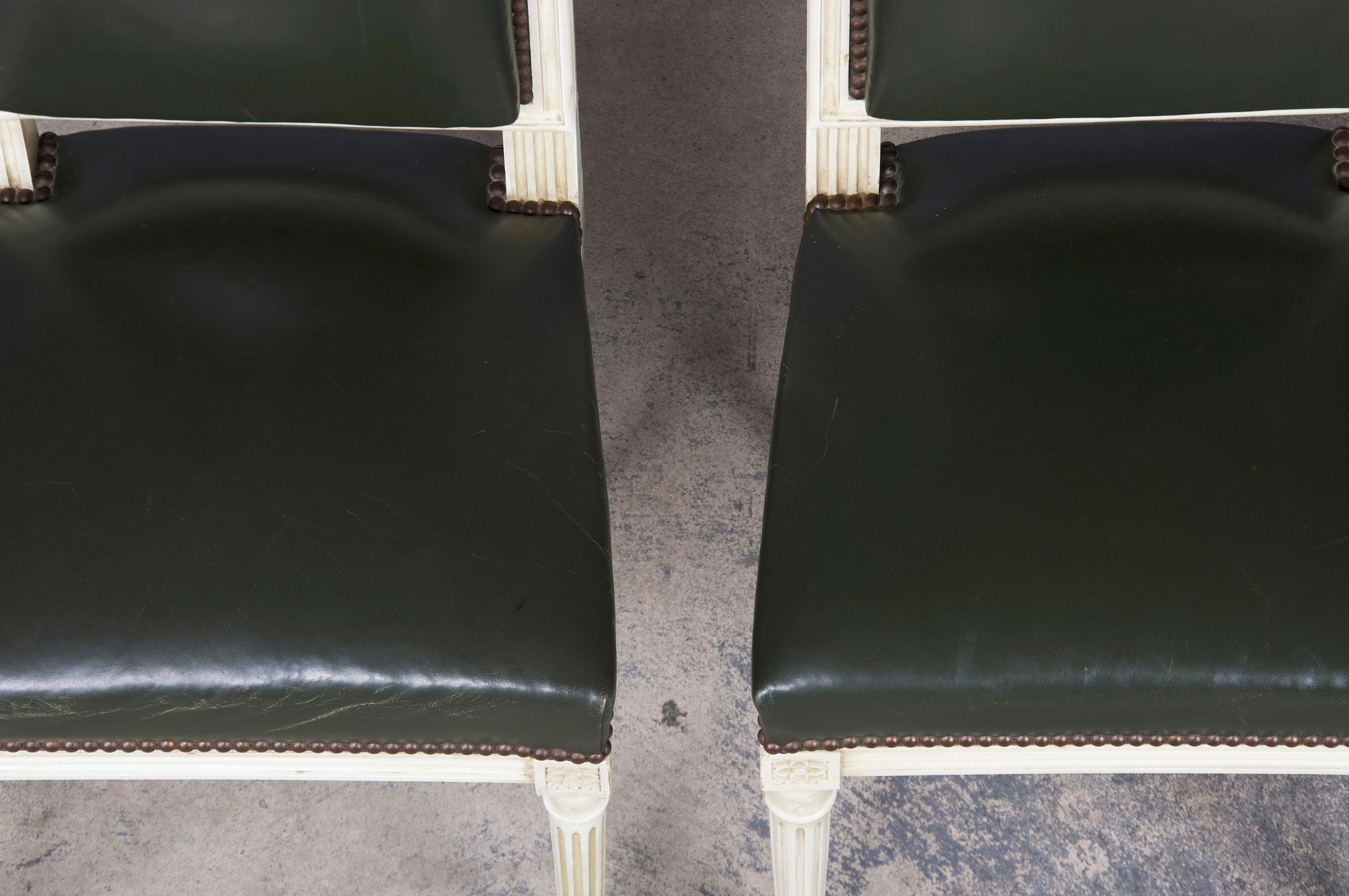 Antique French Louis XVI Style Painted Side Chairs/ W Dark Green Leather- A Pair For Sale 3