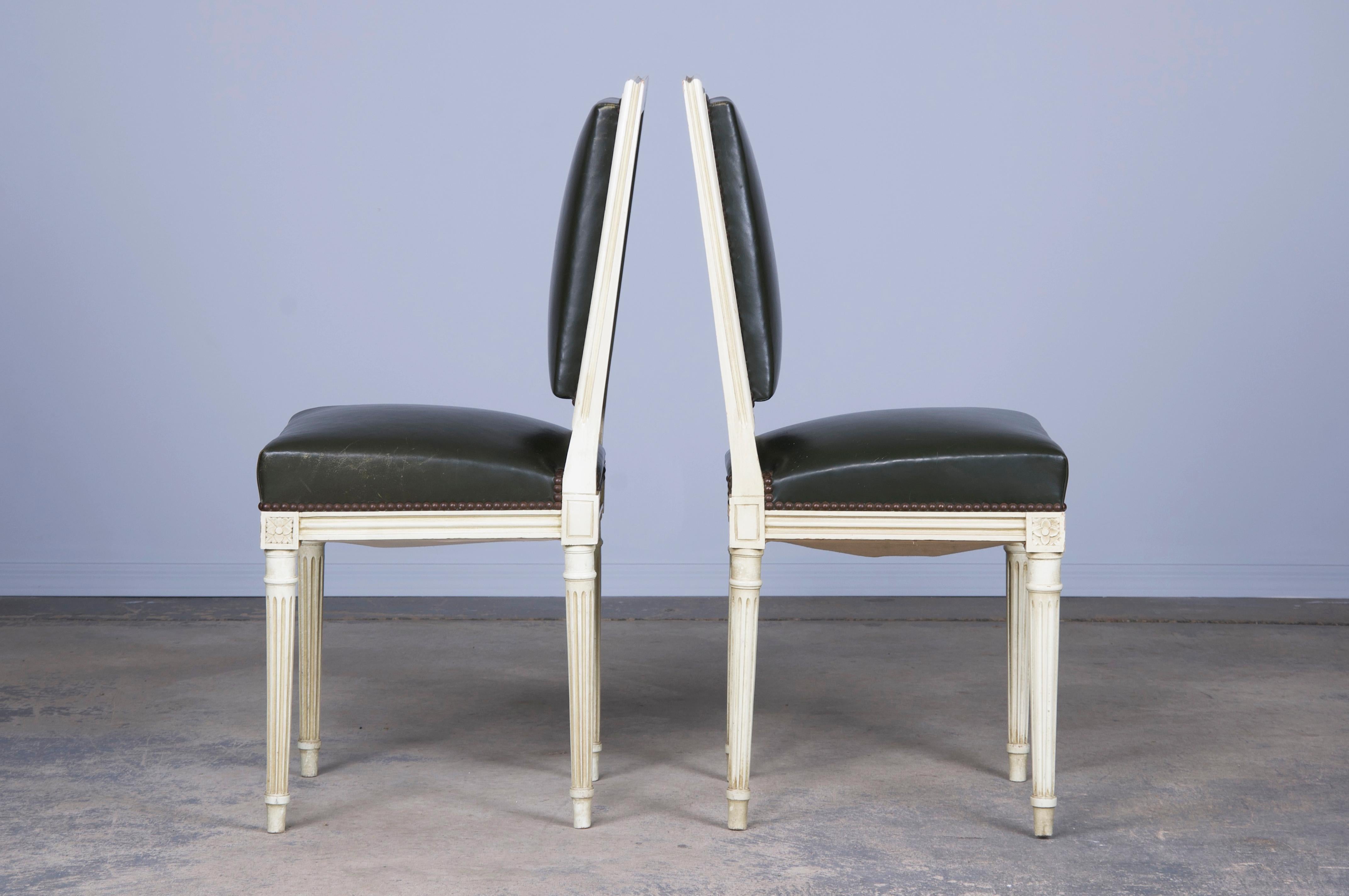 Antique French Louis XVI Style Painted Side Chairs/ W Dark Green Leather- A Pair For Sale 4