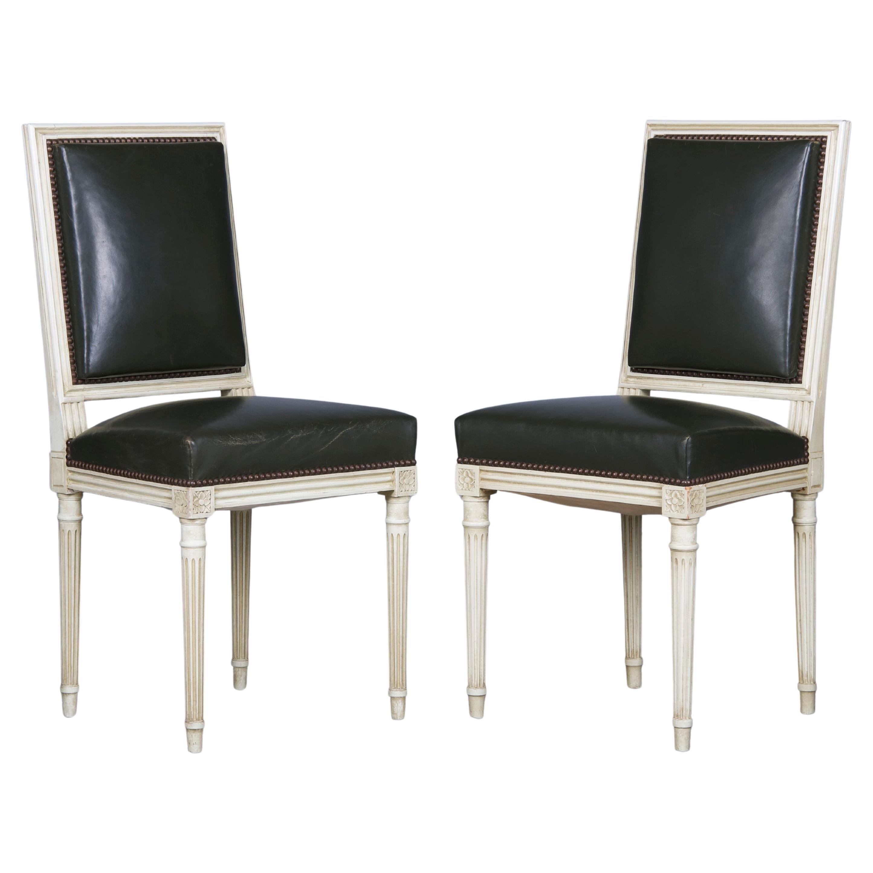 Antique French Louis XVI Style Painted Side Chairs/ W Dark Green Leather- A Pair