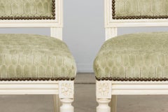Antique French Louis XVI Style Painted Side Chairs W/ Green Velvet - A Pair