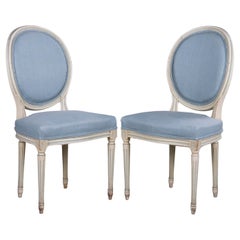 Antique French Louis XVI Style Painted Side Chairs W/ Light Blue Linen - A Pair
