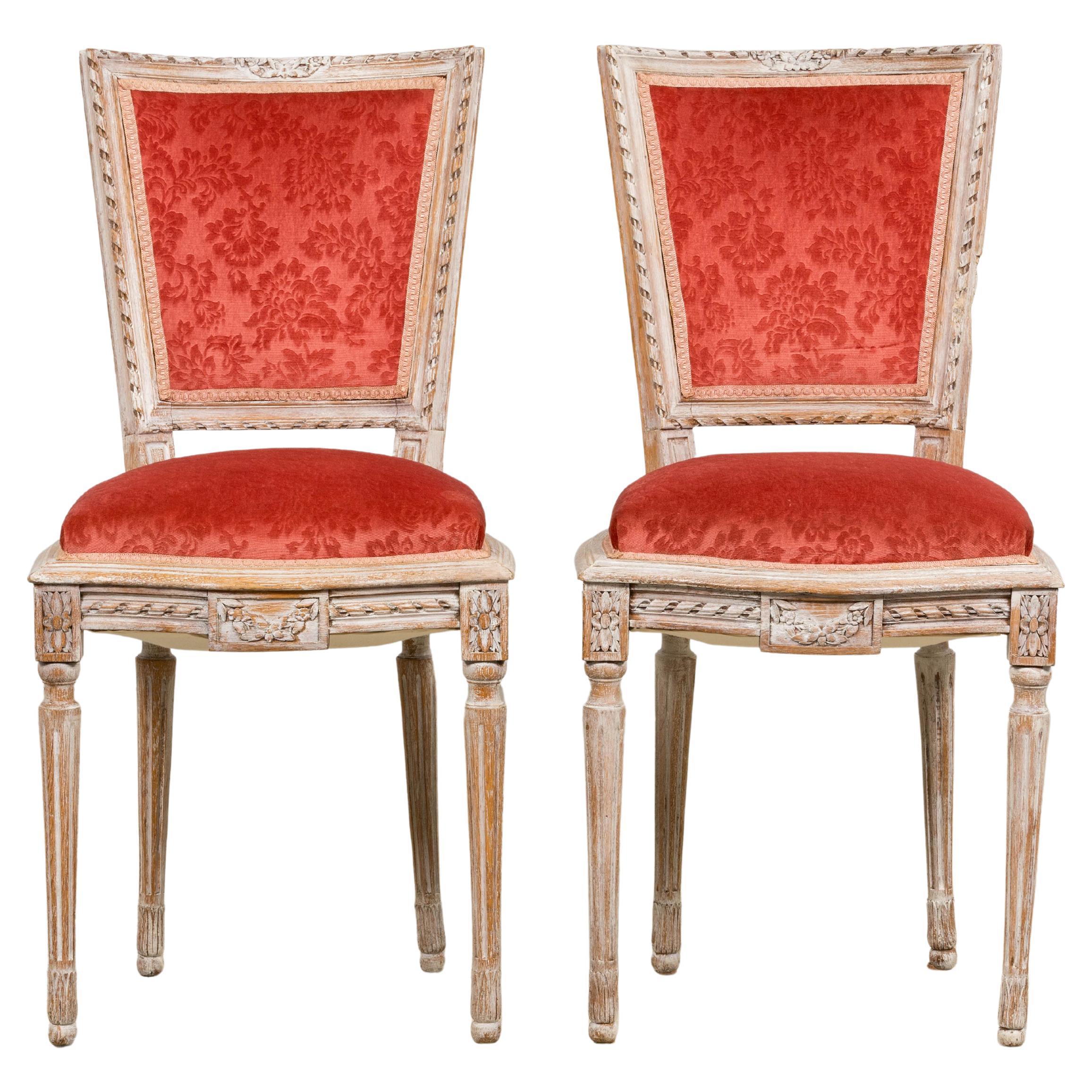 Antique French Louis XVI Style Painted Side Chairs W/ Red Velvet Damask – A Pair For Sale