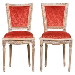 Antique French Louis XVI Style Painted Side Chairs W/ Red Velvet Damask – A Pair