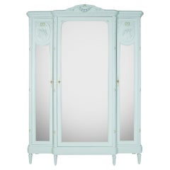 Used French Louis XVI Style Painted Triple Door Mirror Armoire or Wardrobe