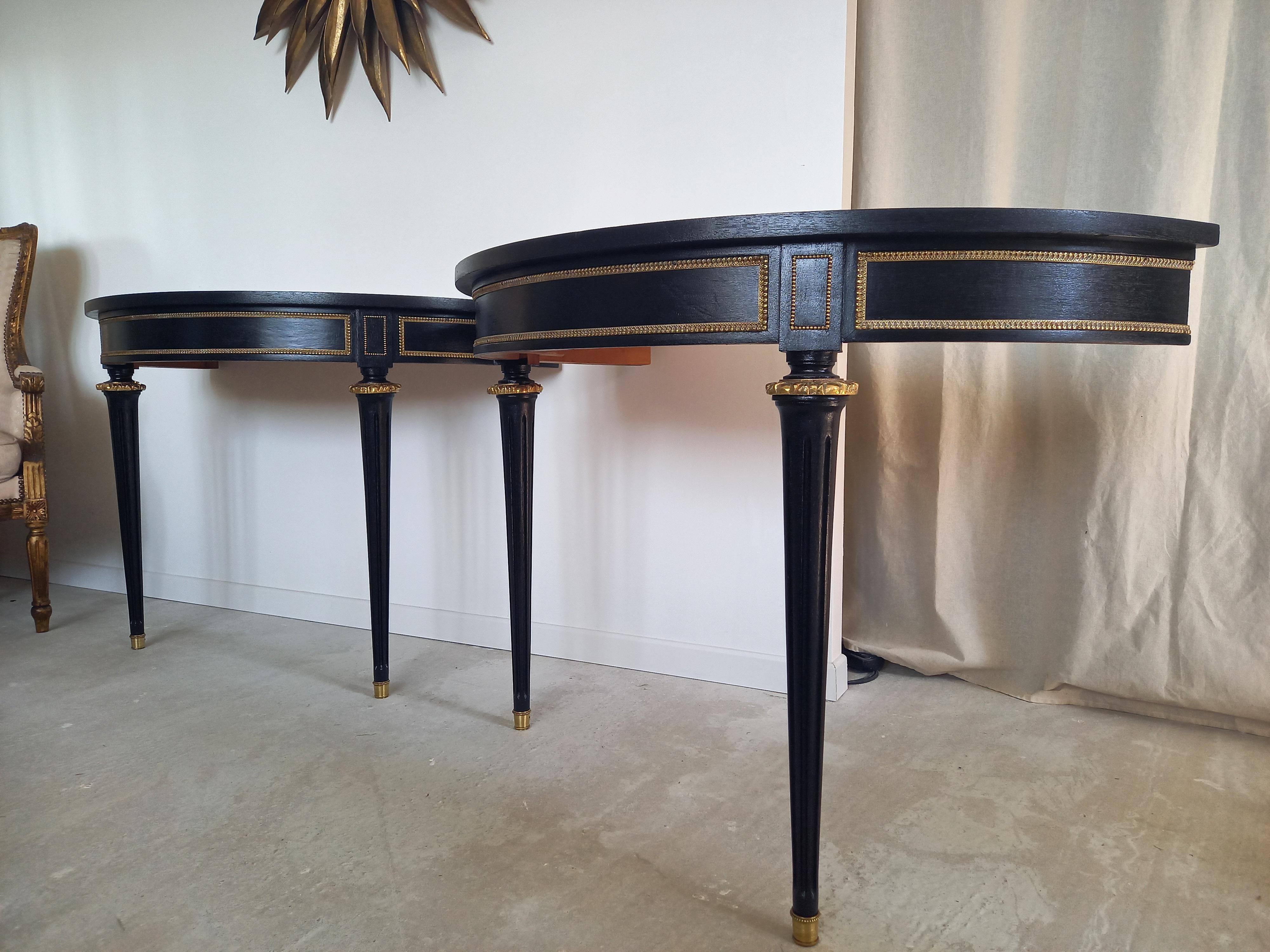Antique French Louis XVI Style Pair of Console, Brass Details & Leather Top For Sale 2