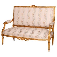 Antique French Louis XVI Style Panier de Fleur Upholstered Giltwood Settee c1900